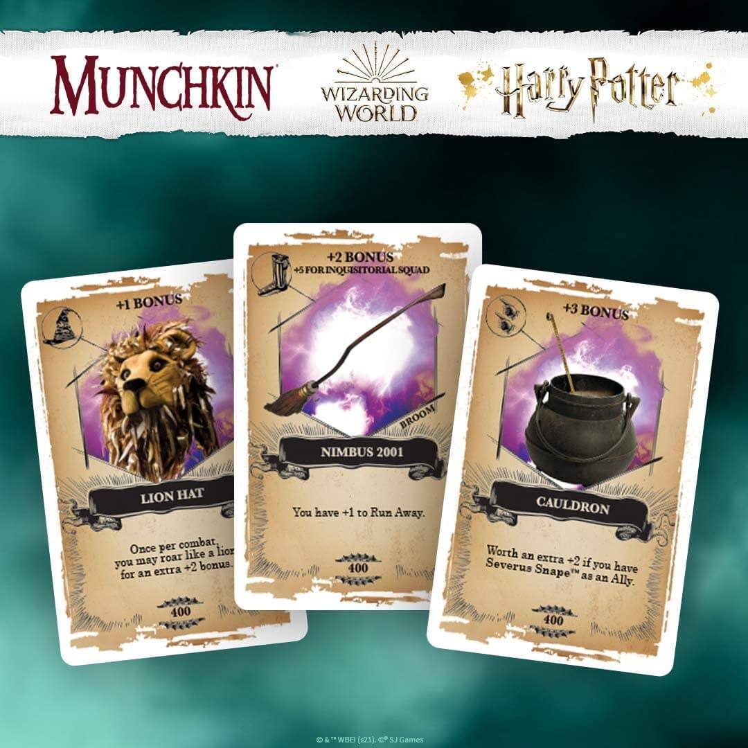 MUNCHKIN WIZARDING WORLD Harry Potter

+2 BONUS  
+5 FOR INQUISITORIAL SQUAD  
+1 BONUS  
+3 BONUS  

BROOM NIMBUS 2001  
LION HAT  
You have +1 to Run Away.  

CAULDRON  
Once per combat, like a lion, you may roar for an extra +2 bonus.  
Worth an extra +2 if you have "Severus Snape" as an Ally.  

400  
400  

© "WB" (21) SJ Games