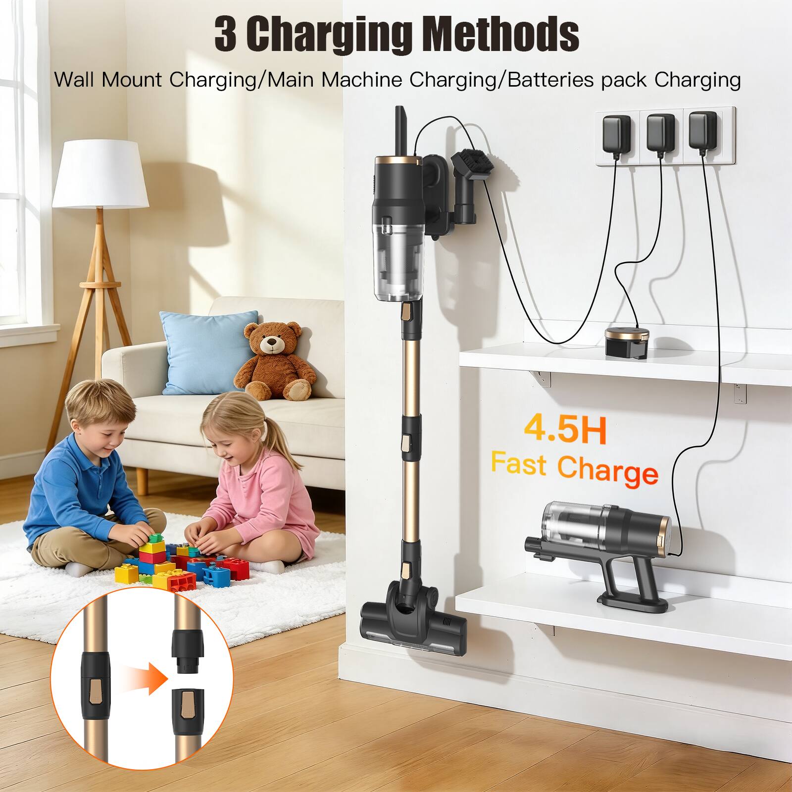 3 Charging Methods  
Wall Mount Charging/Main Machine Charging/Batteries pack Charging  

4.5H Fast Charge