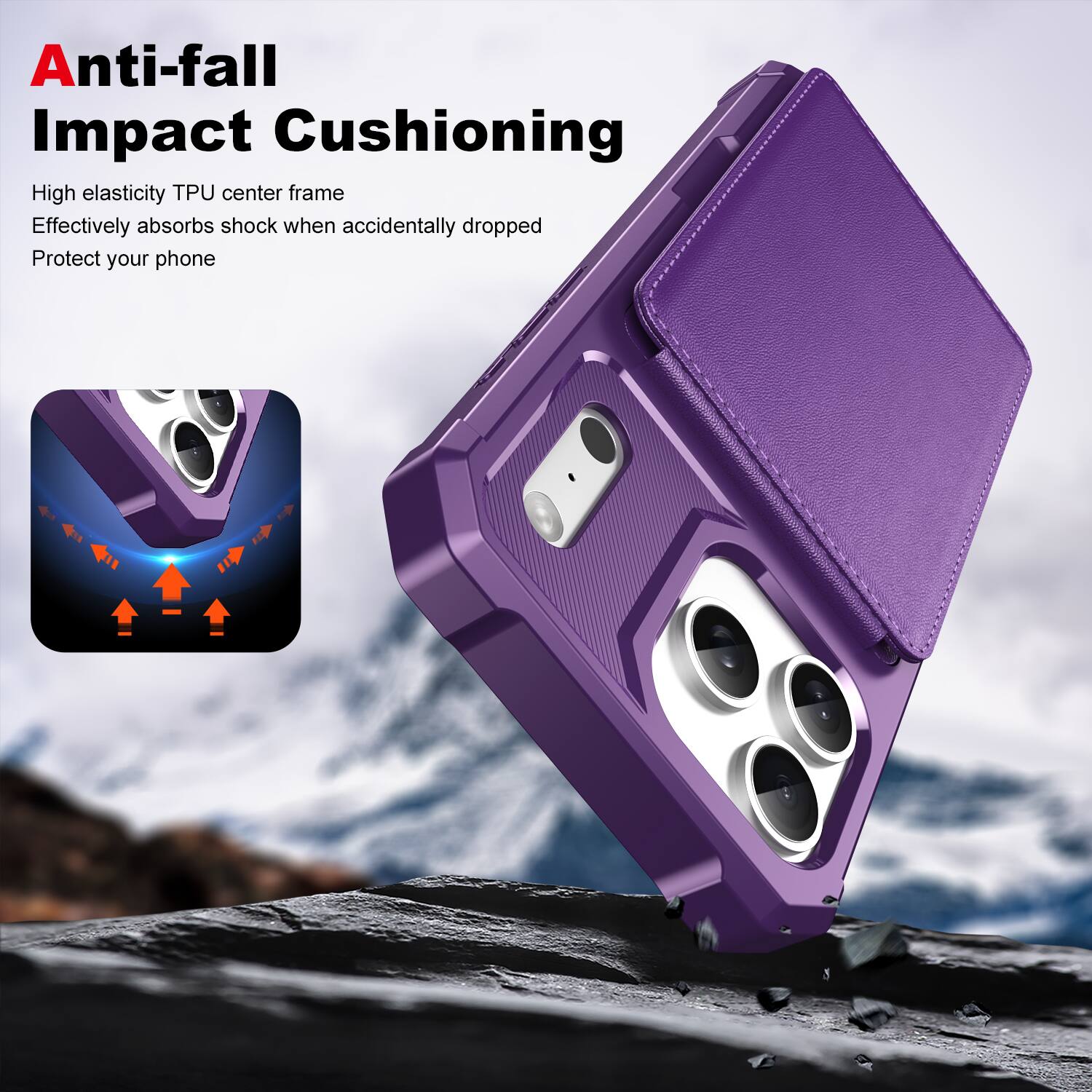 Anti-fall Impact Cushioning

High elasticity TPU center frame  
Effectively absorbs shock when accidentally dropped  
Protect your phone