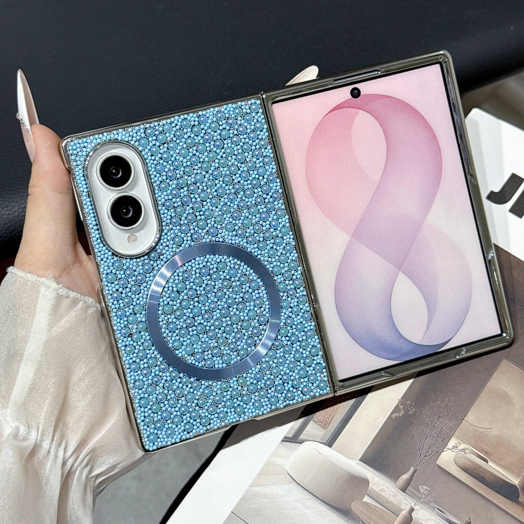 Front. Dteck - Electroplated Silver Frame Magnetic Case for Samsung Galaxy Z Fold8, Glitter Pearl Shockproof Rigid Plastic Phone Cover - Blue.