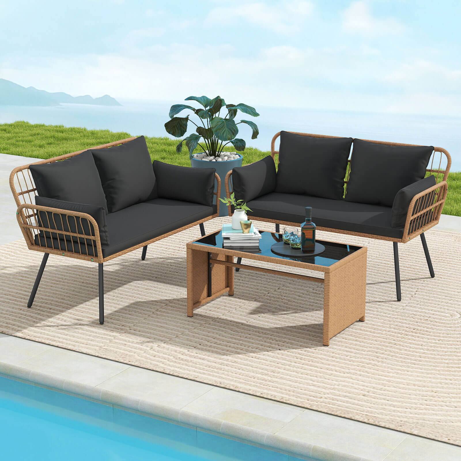 Alt View 4. Costway - Costway Patio Wicker Loveseat Furniture with Seat Back Cushions, Heavy-Duty Metal Legs - Black.