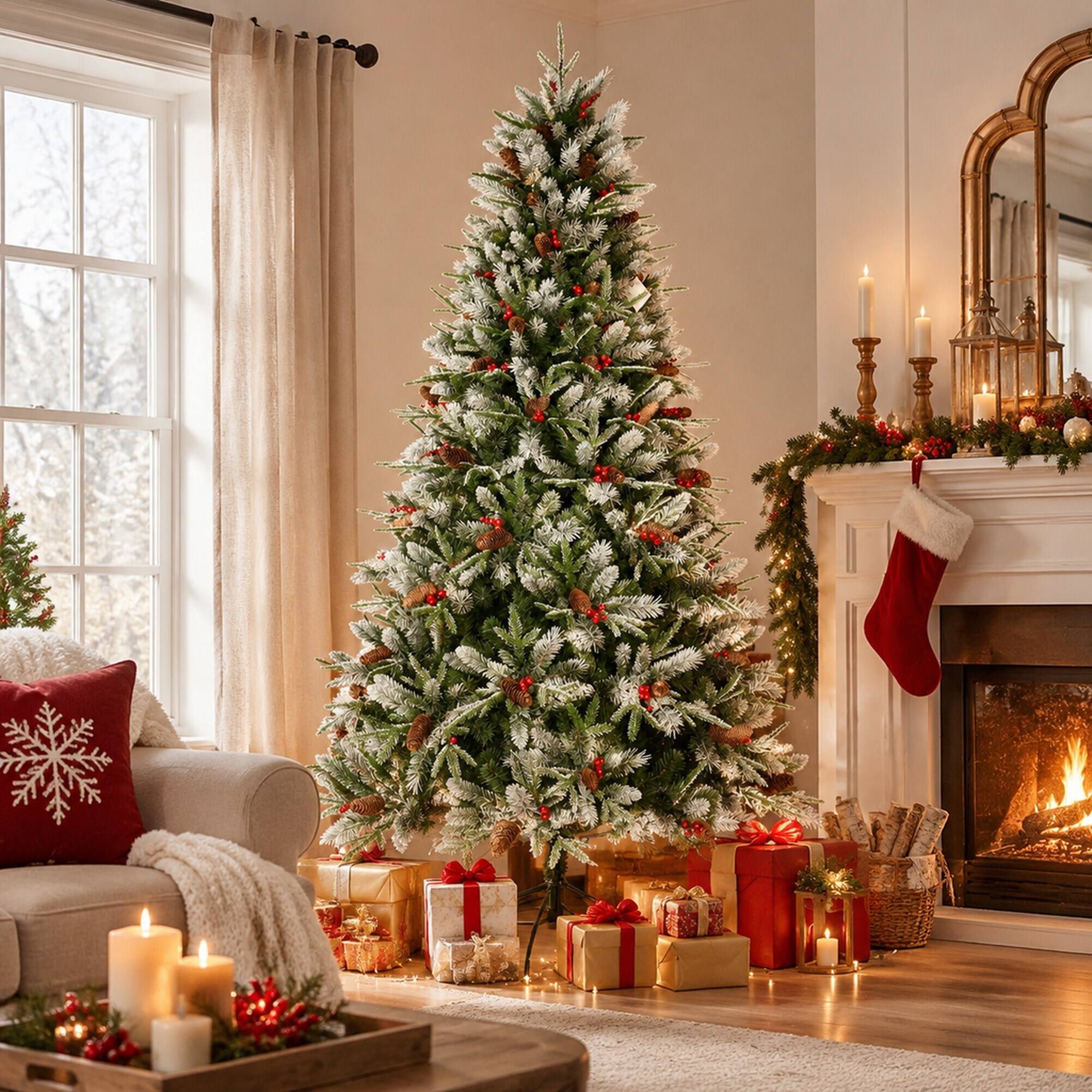 Angle. RYHNUYNE - 9FT Christmas Tree With Red Berries Pine Cones, 3750 Snow-Dusted PE+PVC Branches Hinged Design Sturdy Metal Stand - Green,White.