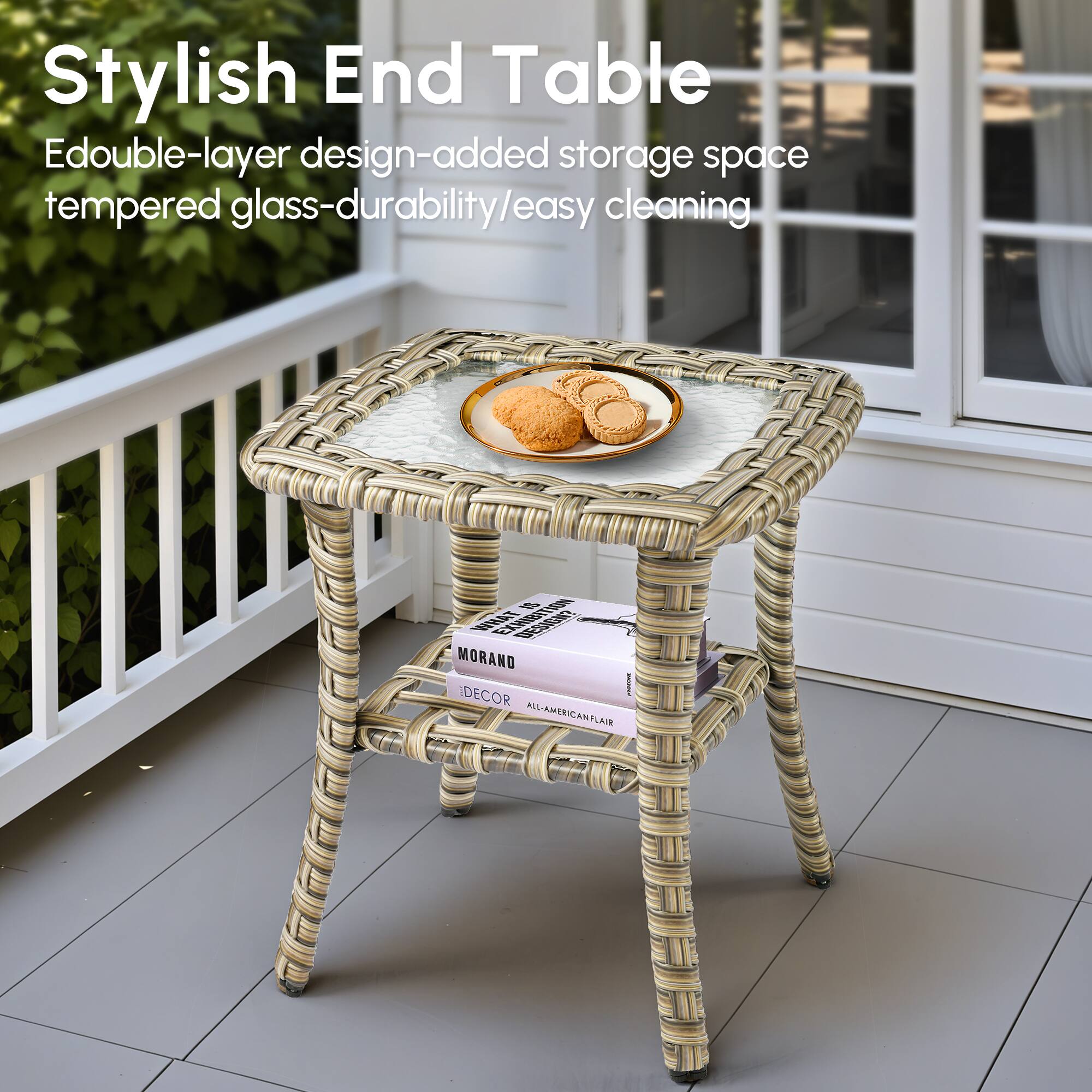 Stylish End Table  
Edouble-layer design-added storage space tempered glass-durability/easy cleaning