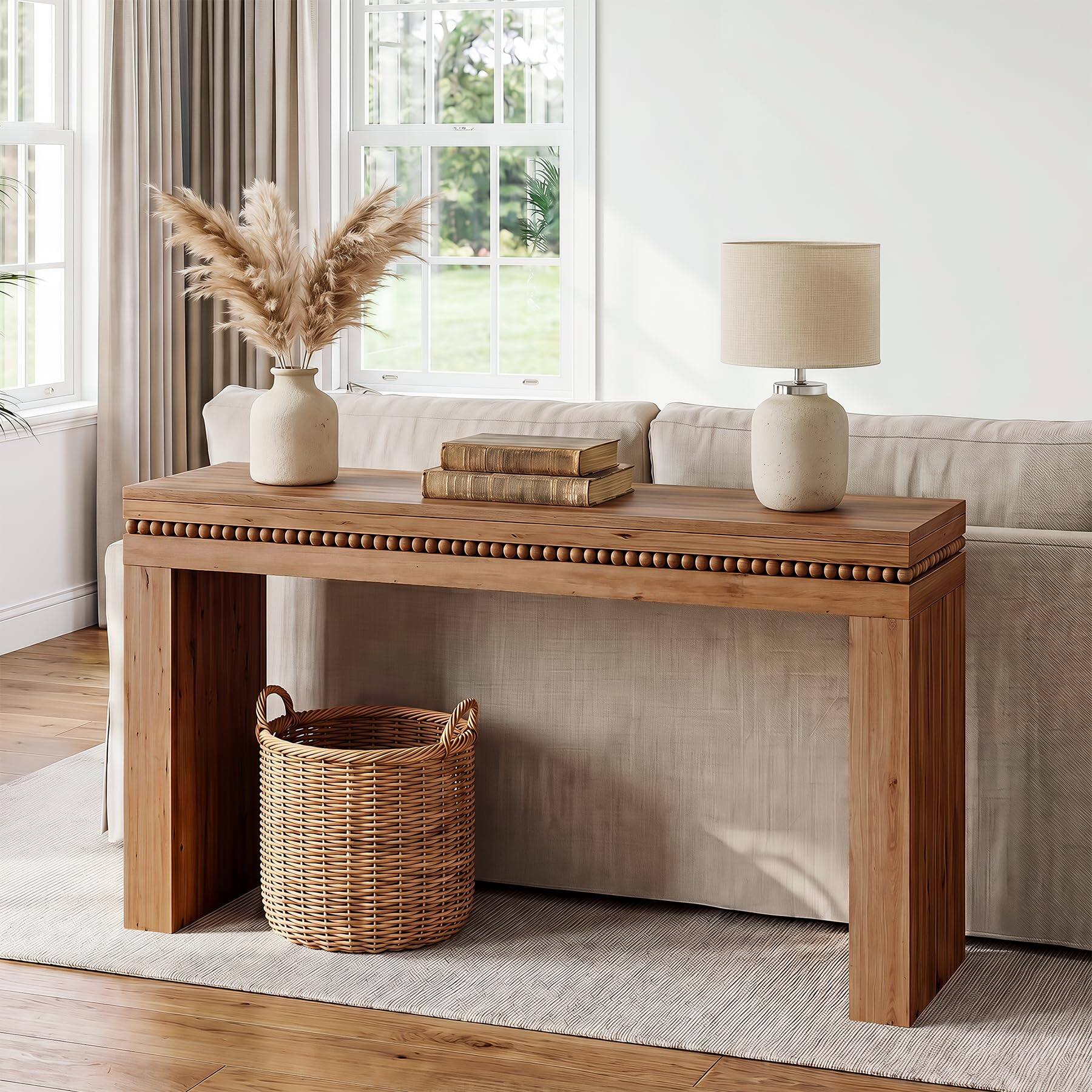 Alt View 4. Tribesigns - 63" Solid Wood Long Console Tables for Entryway, Beaded Trim, Thick Tabletop & Legs, Farmhouse Sofa Table Behind Couch f - Honey Brown.