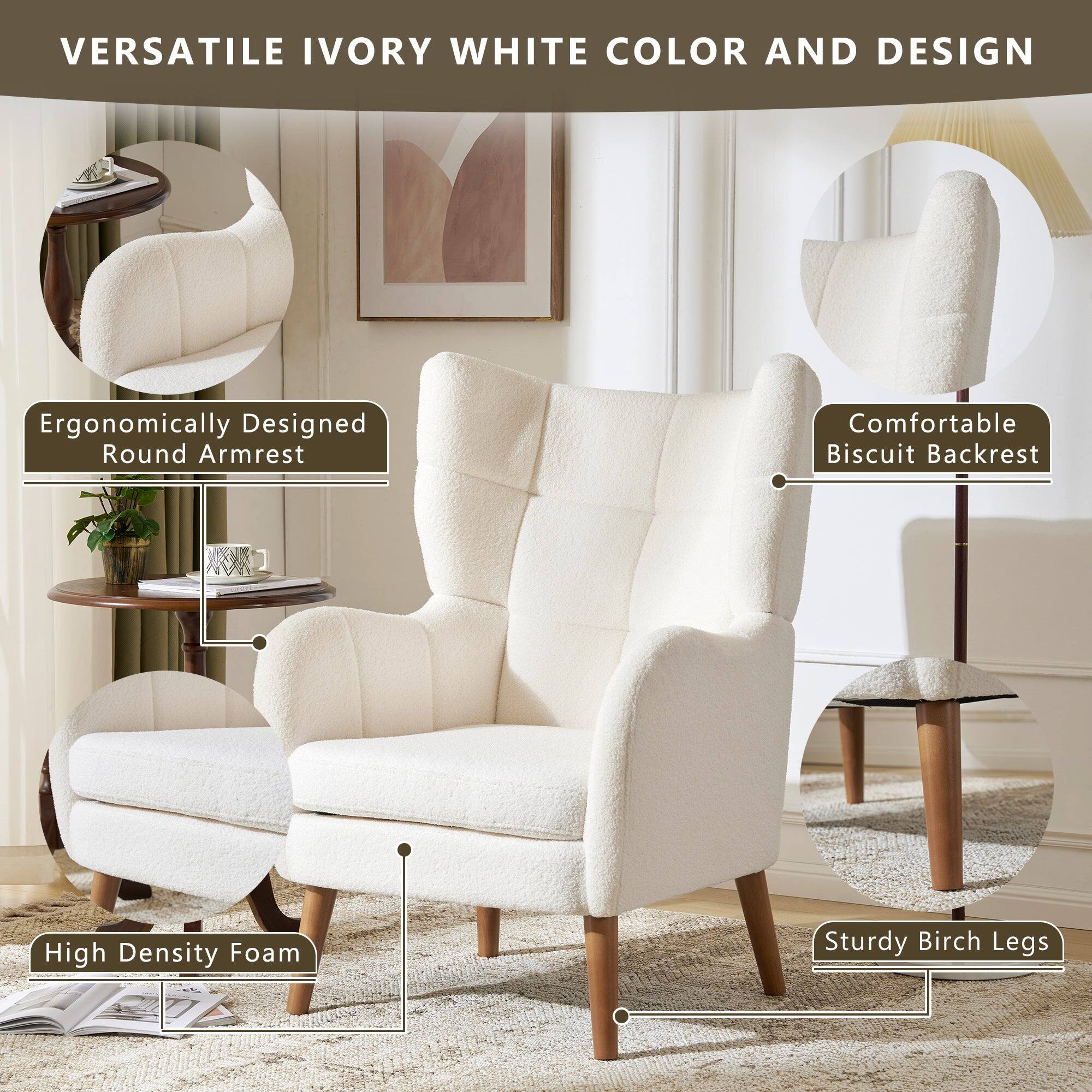 VERSATILE IVORY WHITE COLOR AND DESIGN

- Ergonomically Designed Round Armrest
- Comfortable Biscuit Backrest
- High Density Foam
- Sturdy Birch Legs