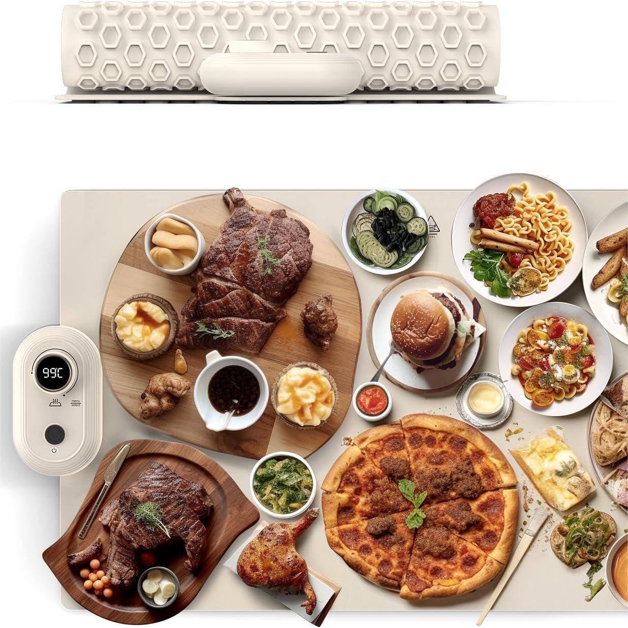 LICHICO - Portable Food Warmer Mat, Silicone Heater Mat with 13 Temp Levels, Electric Warming Tray for Buffet Party 26x15 - White