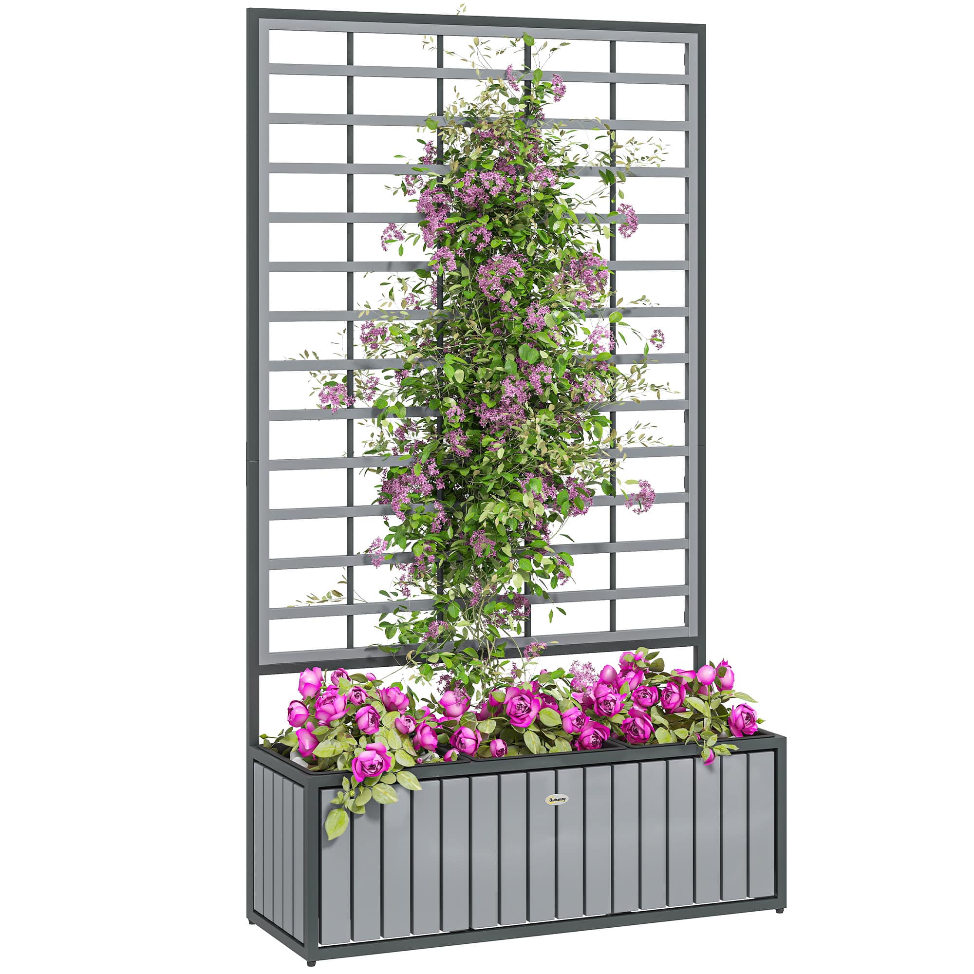 Outsunny - Wooden Raised Garden Bed with Trellis, Removable Pots, Drainage Holes for Climbing Vines, Vegetables, Flowers - Gray