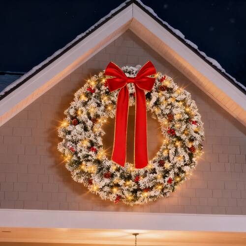 Alt View 9. Winado - Christmas Pre-lit Snow Flocked 48in Wreath with LED Lights, DIY Ornaments for Indoor Outdoor Holiday Party Decorations - Snowy Green.