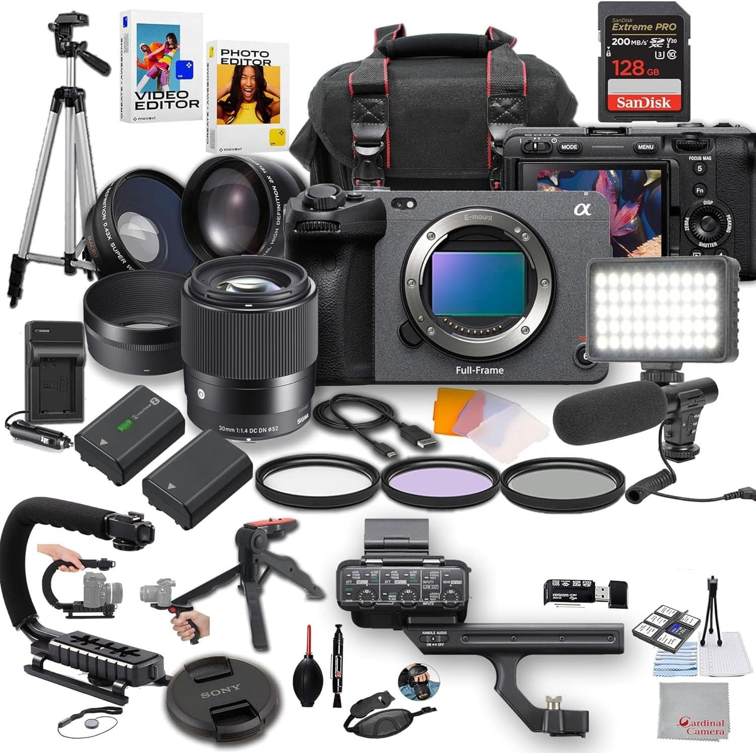 PHOTO EDITOR  
SanDisk Extreme PRO 200 MB/s 128 GB  
VIDEO EDITOR  
SanDisk - MENA  
NUR 0.49K SUPER HD  
1 DEFINITION  
NOM mount  
F - 5  
nai A  
HARRO  
Full-Frame 30mm 1:1.4 DC DN 52  
SONY - a  
Cardinal Camera