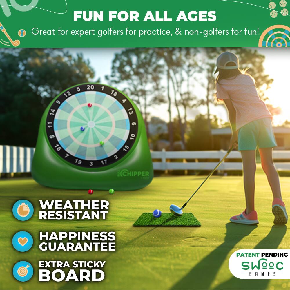 FUN FOR ALL AGES  
Great for expert golfers for practice, & non-golfers for fun!  

WEATHER RESISTANT  
HAPPINESS GUARANTEE  
EXTRA STICKY BOARD  

PATENT PENDING  
SWC GAMES