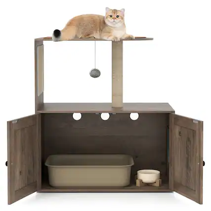 Front. Costway - Costway 34.5" Cat Litter Box Enclosure Cat Climbing Tower w/Sisal Scratching Post & Mat - Gray.