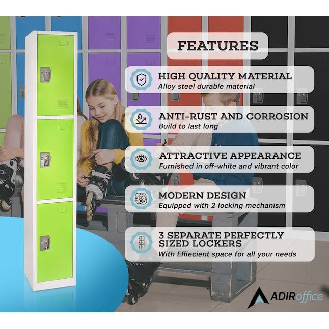 FEATURES
HIGH QUALITY MATERIAL
Alloy steel durable material
ANTI-RUST AND CORROSION
Build to last long
ATTRACTIVE APPEARANCE
Furnished in off-white and vibrant color
MODERN DESIGN
Equipped with 2 locking mechanism
3 SEPARATE PERFECTLY SIZED LOCKERS
With Effiecient space for all your needs
ADIRoffice