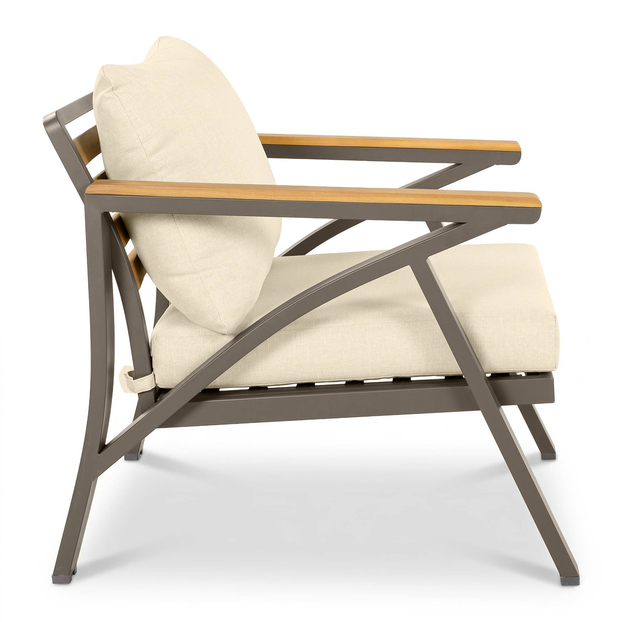 Alt View 2. Whisen - 6-Piece Outdoor Patio Furniture Set with Acacia Wood Table, Steel Sofa, Armchairs & Ottomans for Garden - Brown|Beige.