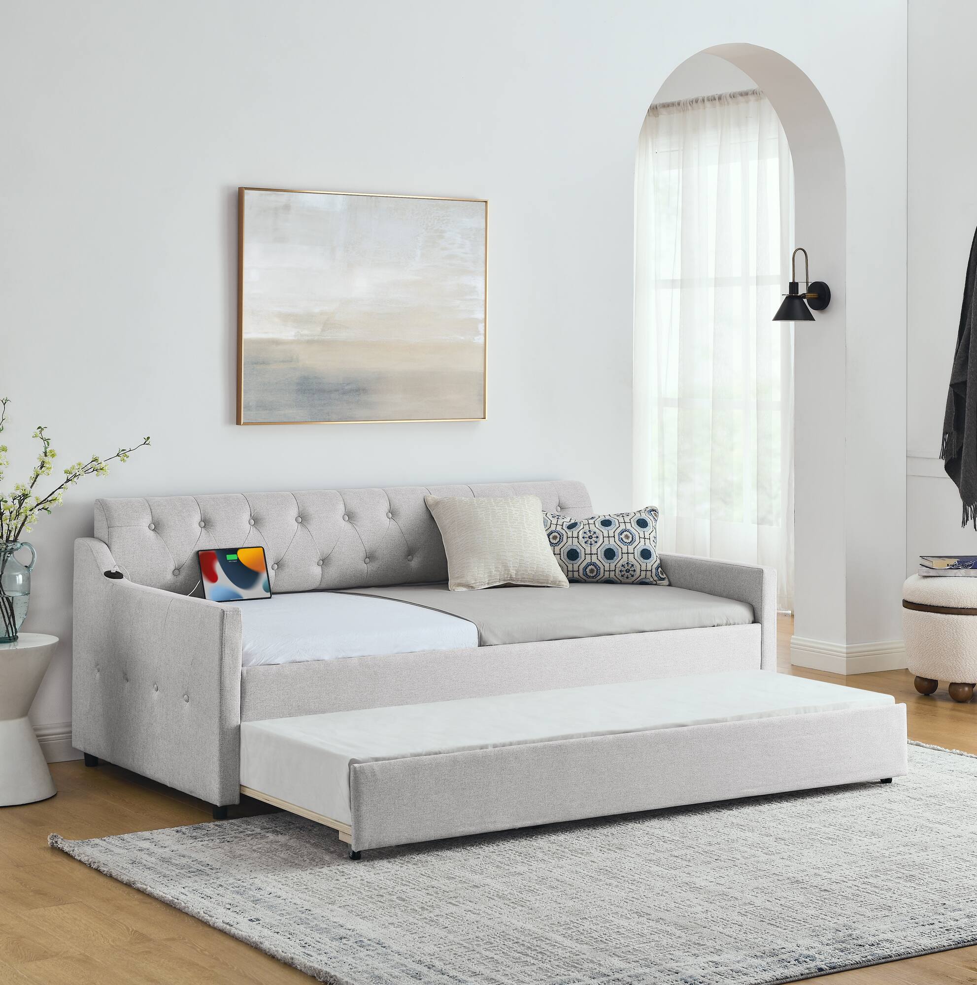 Angle. Tiramisubest - Twin Size Upholstery DayBed with Twin Size Erectable Trundle and USB Charging Design, Linen Beige - Beige.
