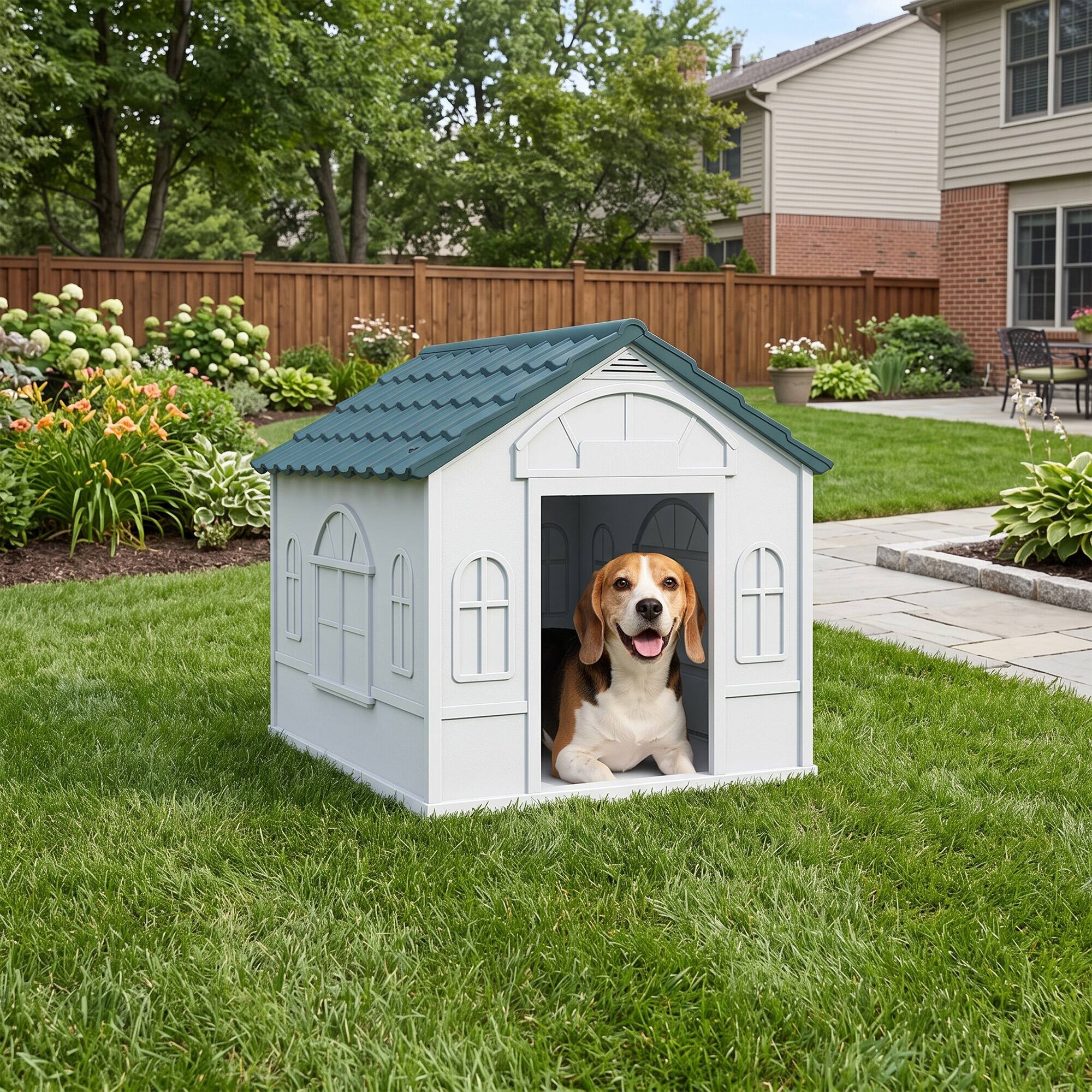 Alt View 8. Pawhut - Dog House for Medium and Small Dogs, Water Resistant Puppy Shelter Indoor Outdoor with Door - Blue.