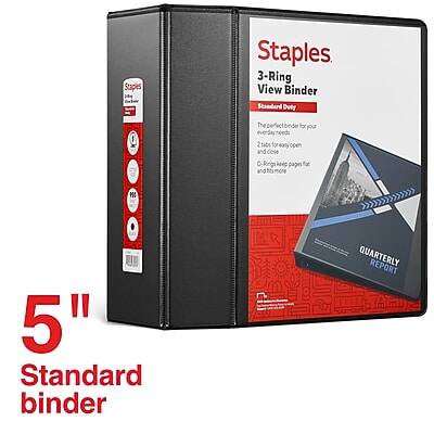 Staples  
3-Ring View Binder  
Standard Duty  

The perfect binder for your everyday needs  

2 tabs for easy open and close  
D-Rings keep pages flat and firm  

5" Standard binder  

QUARTERLY REPORT