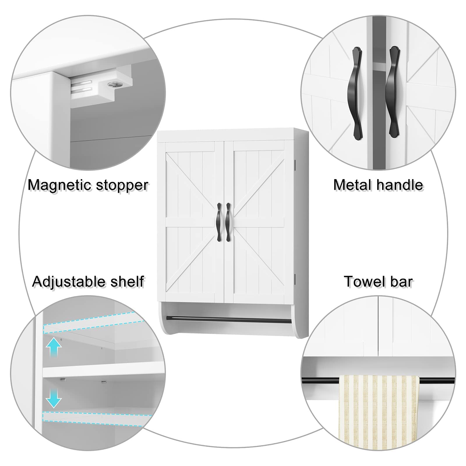 - Magnetic stopper
- Metal handle
- Adjustable shelf
- Towel bar