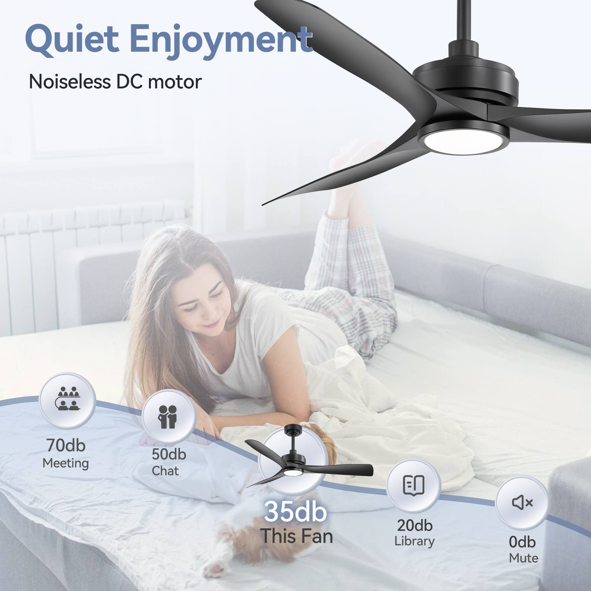 Quiet Enjoyment  
Noiseless DC motor  

70db Meeting  
50db Chat  
35db This Fan  
20db Library  
0db Mute