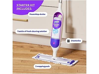STARTER KIT INCLUDES:
- PowerMop device
- 1 bottle of fresh cleaning solution
- 2 batteries
- 2 mopping pads