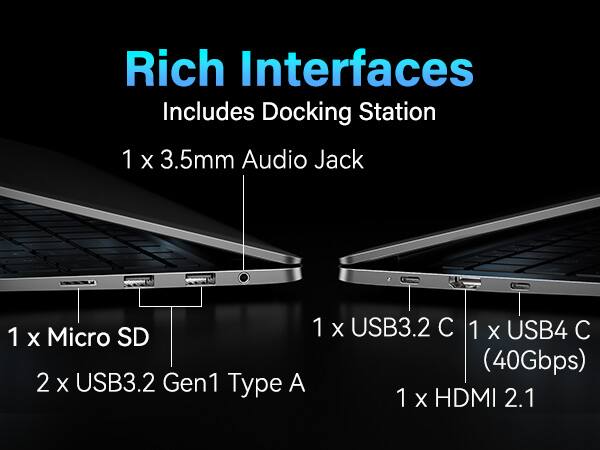 Rich Interfaces Includes Docking Station  
1 x 3.5mm Audio Jack  
1 x Micro SD  
2 x USB3.2 Gen1 Type A  
1 x USB3.2 C  
1 x USB4 C (40Gbps)  
1 x HDMI 2.1