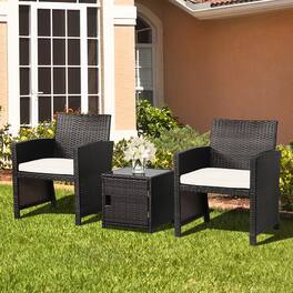Gymax - 3PCS Patio PE Rattan Conversation Furniture Set Bistro Set w/ Waterproof Cover - Off White