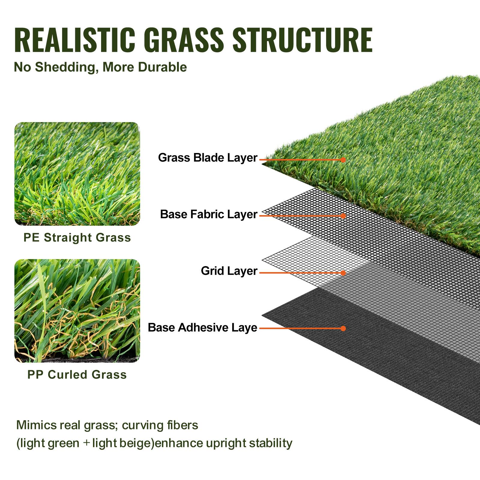REALISTIC GRASS STRUCTURE  
No Shedding, More Durable  

Grass Blade Layer  
PE Straight Grass  

Base Fabric Layer  
Grid Layer  
Base Adhesive Layer  

PP Curled Grass  

Mimics real grass; curving fibers (light green + light beige) enhance upright stability