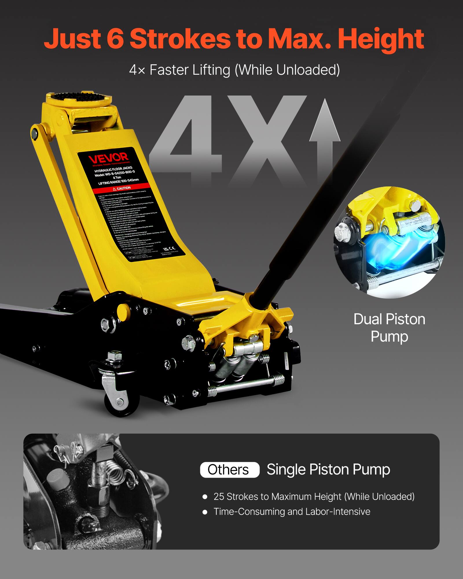 Just 6 Strokes to Max. Height  
4x Faster Lifting (While Unloaded)  

VEVOR  
HYDRAULIC FLOOR JACKS  
Model: W-0425-800-0  
Lifting Range: 0-45cm  

Dual Piston Pump  

Others  
Single Piston Pump  
25 Strokes to Maximum Height (While Unloaded)  
Time-Consuming and Labor-Intensive