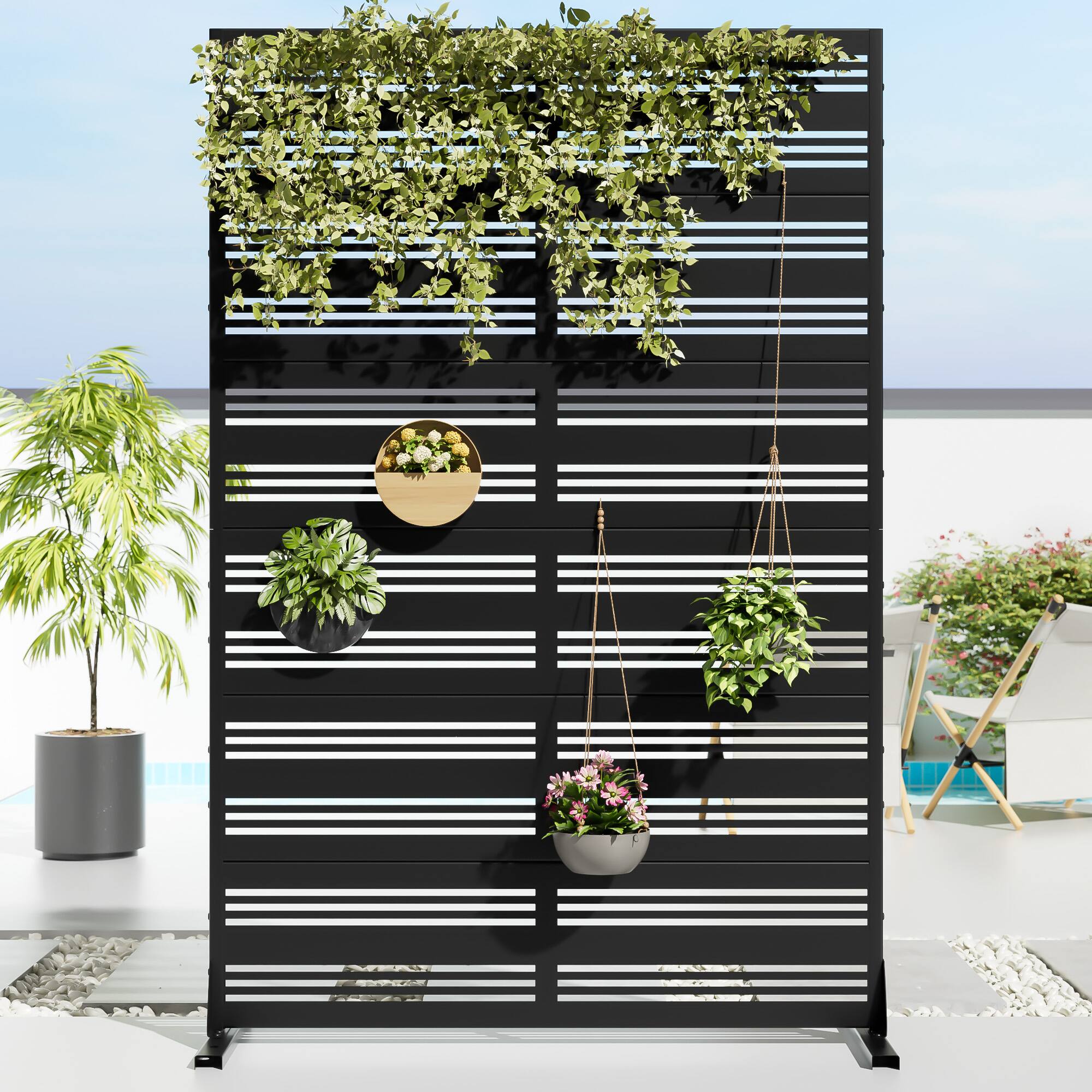 Alt View 3. PexFix - 72 in. x 47 in. Harold Pattern Metal Outdoor Privacy Screen & Panels, Freestanding Garden Divider Fence - Black.