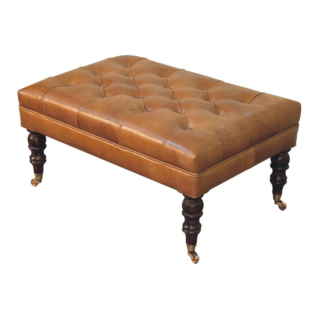 Alt View 2. Artisan Furniture - Artisan Furniture Solid Wood California Walnut Buffalo Brown Leather Ottoman with Castor Legs, Upholstered, Brown Color - Brown.
