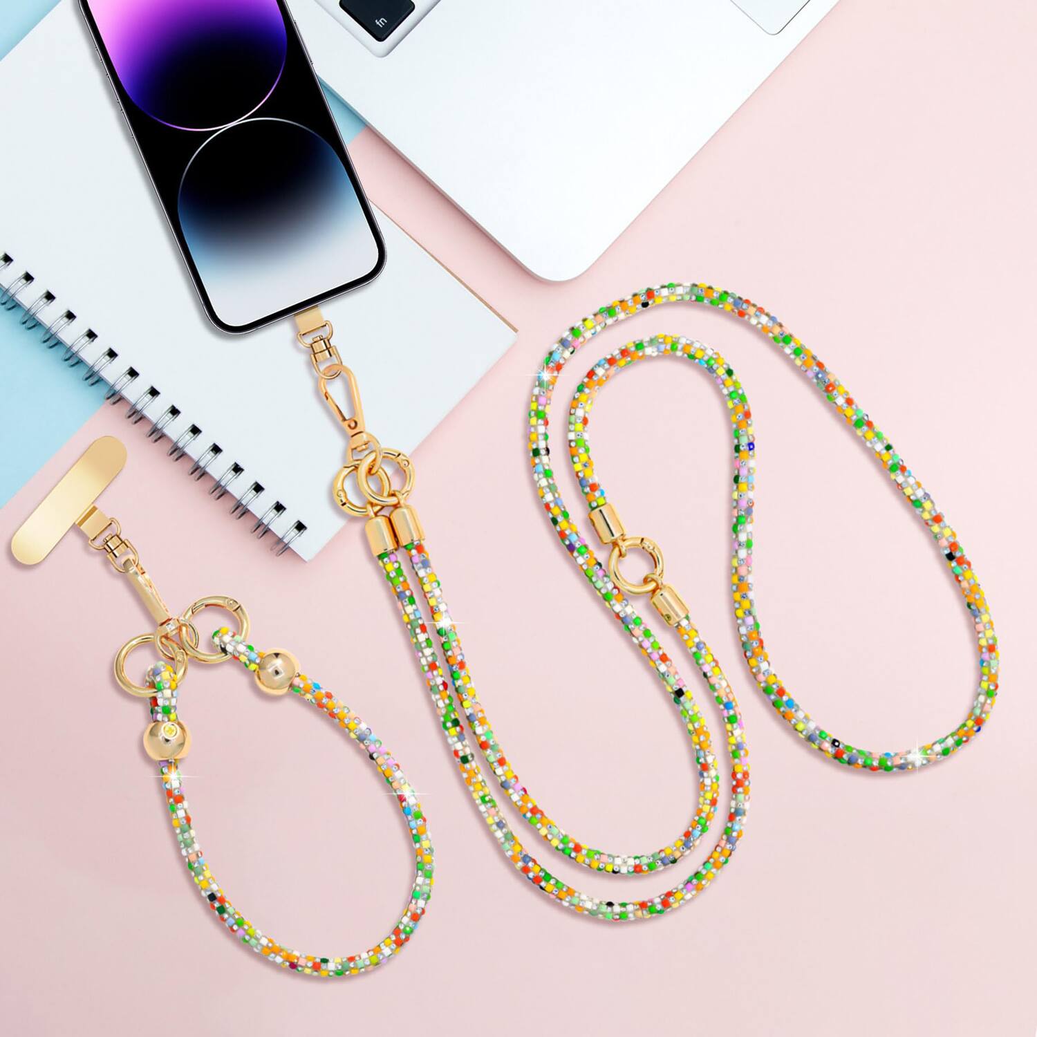 Left. Dteck - 3-in-1 Glitter Crossbody Phone Lanyard,Sparkly Crystal Phone Strap Fashion Wrisrstrap for Universal Smartphone Cases - Colorful.