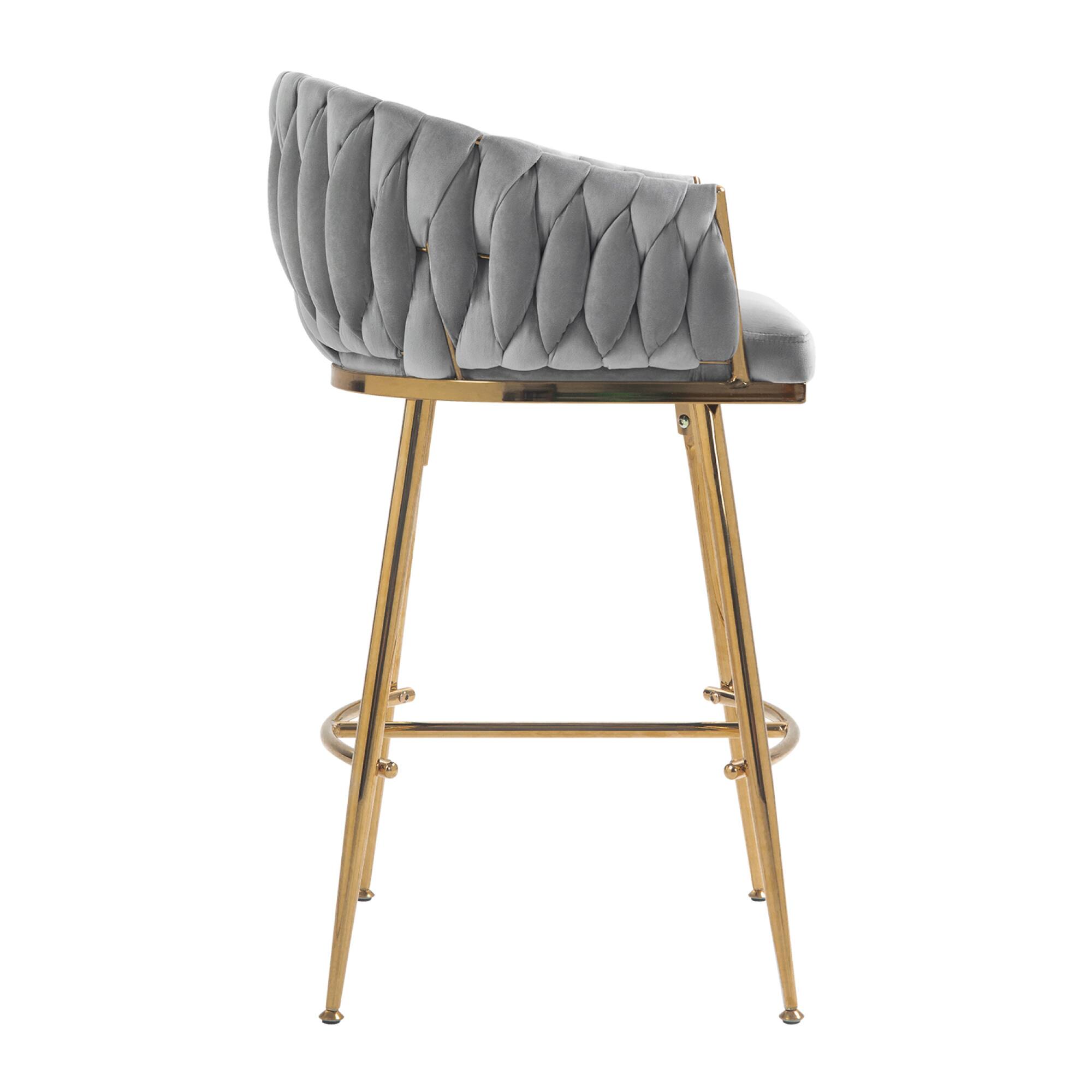 Alt View 1. GOODSILO - Set of 2 Velvet Upholstered Bar Stools with Golden Chrome Base, Counter Height Stools for Kitchen Island or Bar Seating - Grey.