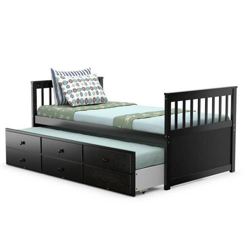 Angle. Hivvago - Twin Captains Bed with Pull Out Trundle and 3 Storage Drawers - Dark Brown Mocha - Dark Brown.