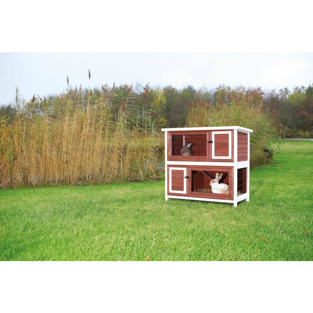 Left. TRIXIE - Natura Double Weatherproof Outdoor 2-Story Wooden Animal Hutch - Auburn/White.