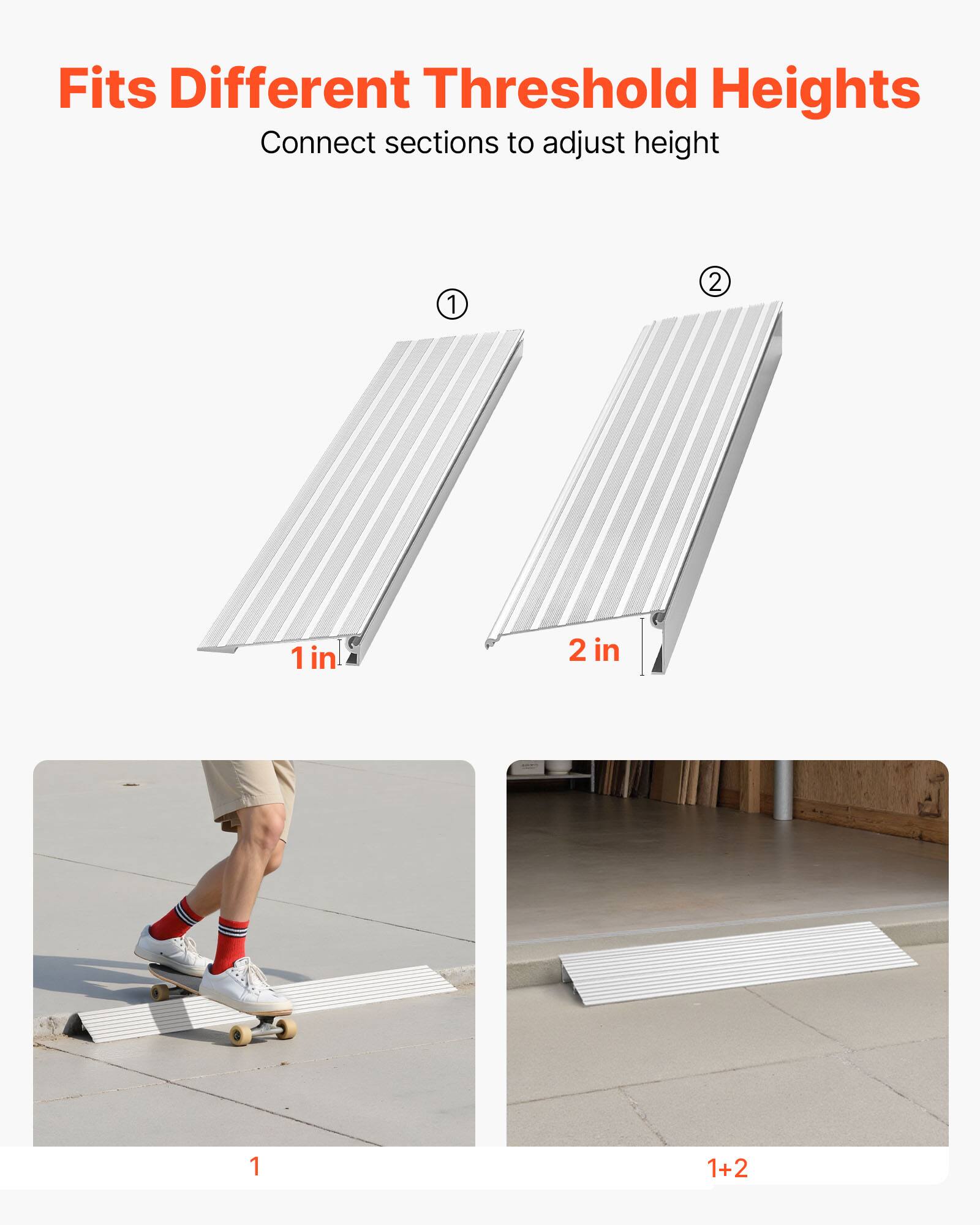Fits Different Threshold Heights  
Connect sections to adjust height  

1 in  
2 in  

1  
1+2