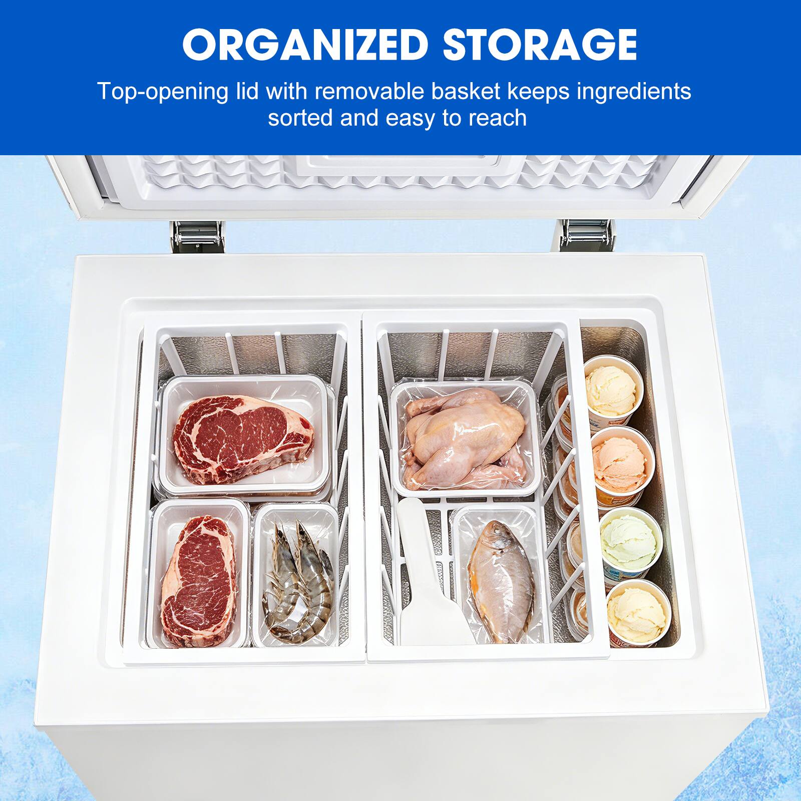 ORGANIZED STORAGE  
Top-opening lid with removable basket keeps ingredients sorted and easy to reach