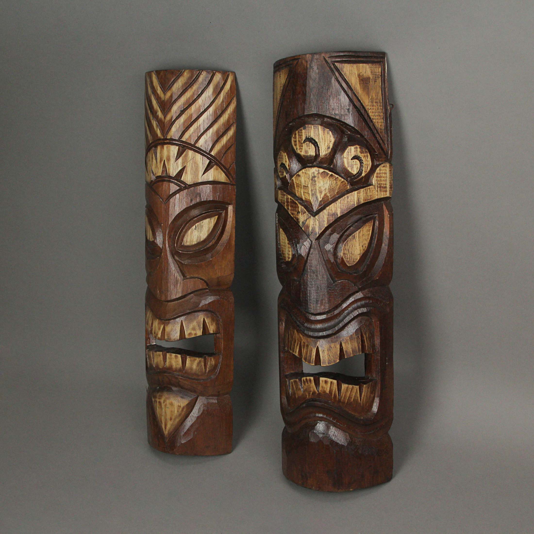 Alt View 1. J.D. Yeatts - Set of 2 Hand Carved  Wood Sun and Flower Polynesian Tiki Masks 20 Inches High - Brown.