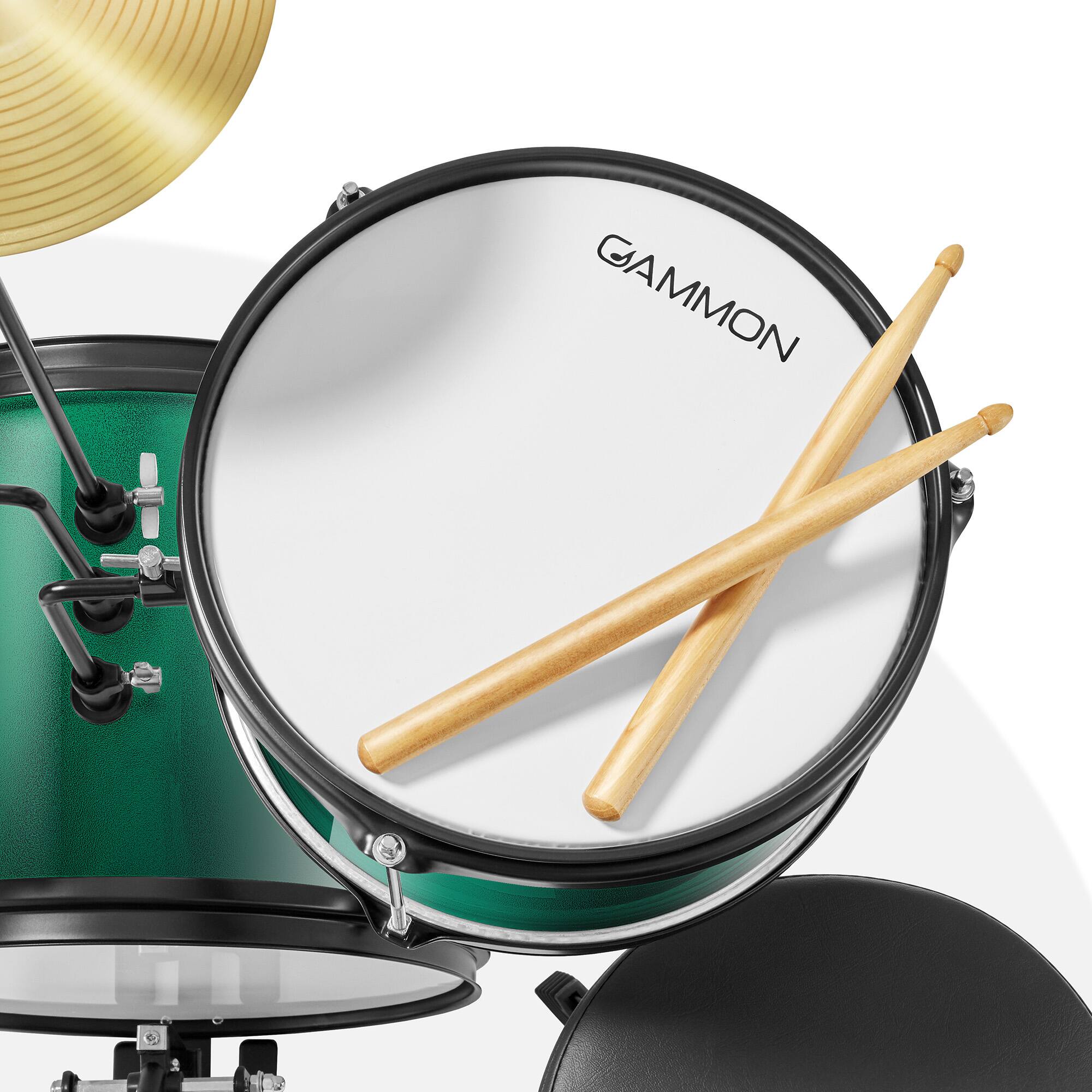 Alt View 3. Gammon Percussion - 3pc Junior Drum Set - Beginner Kit with Throne - Cymbal - Drumsticks - Green.