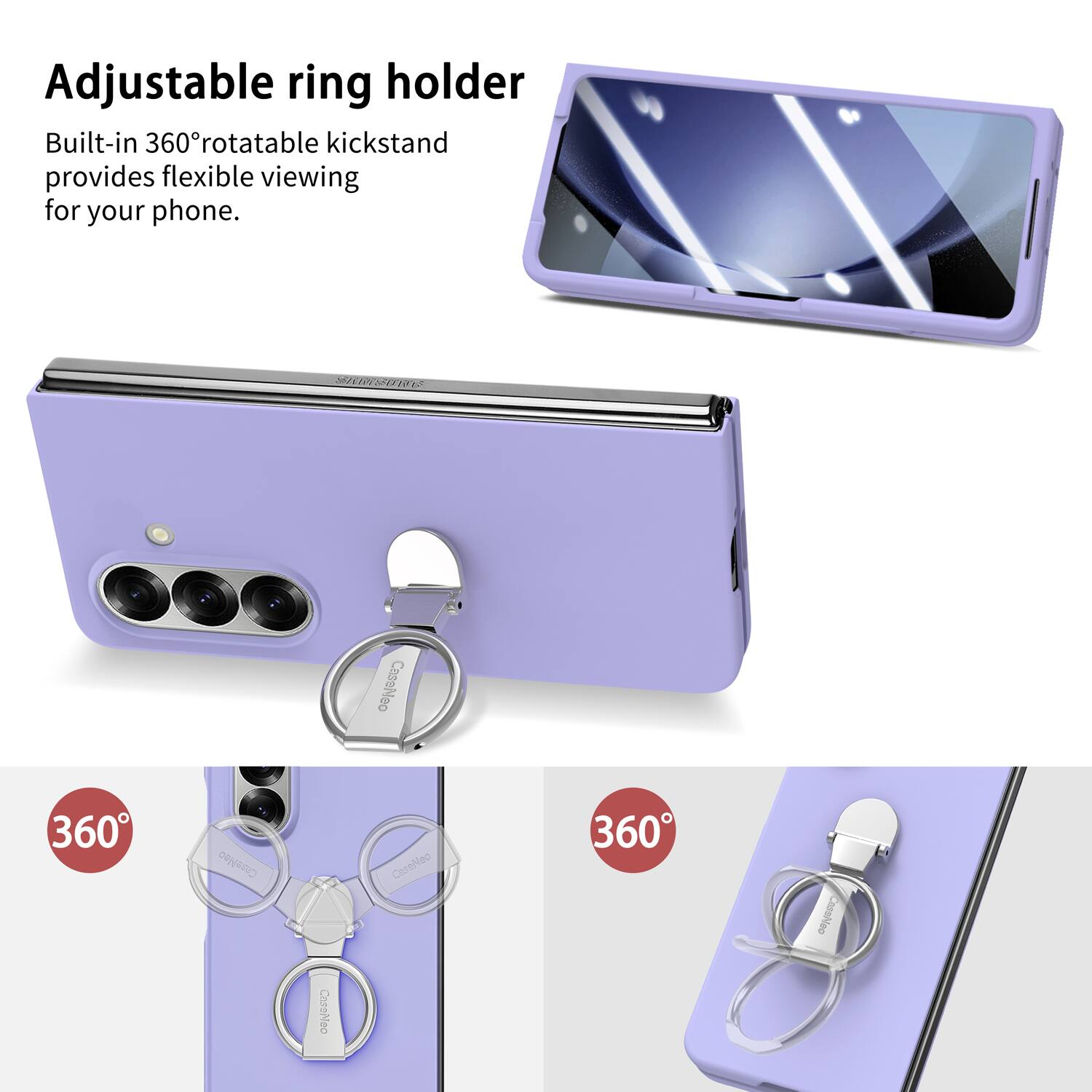 Adjustable ring holder  
Built-in 360° rotatable kickstand provides flexible viewing for your phone.  

ISORO CasoNoo 360 CorsNeo CeseNeo 360 Cassheo CteNeo