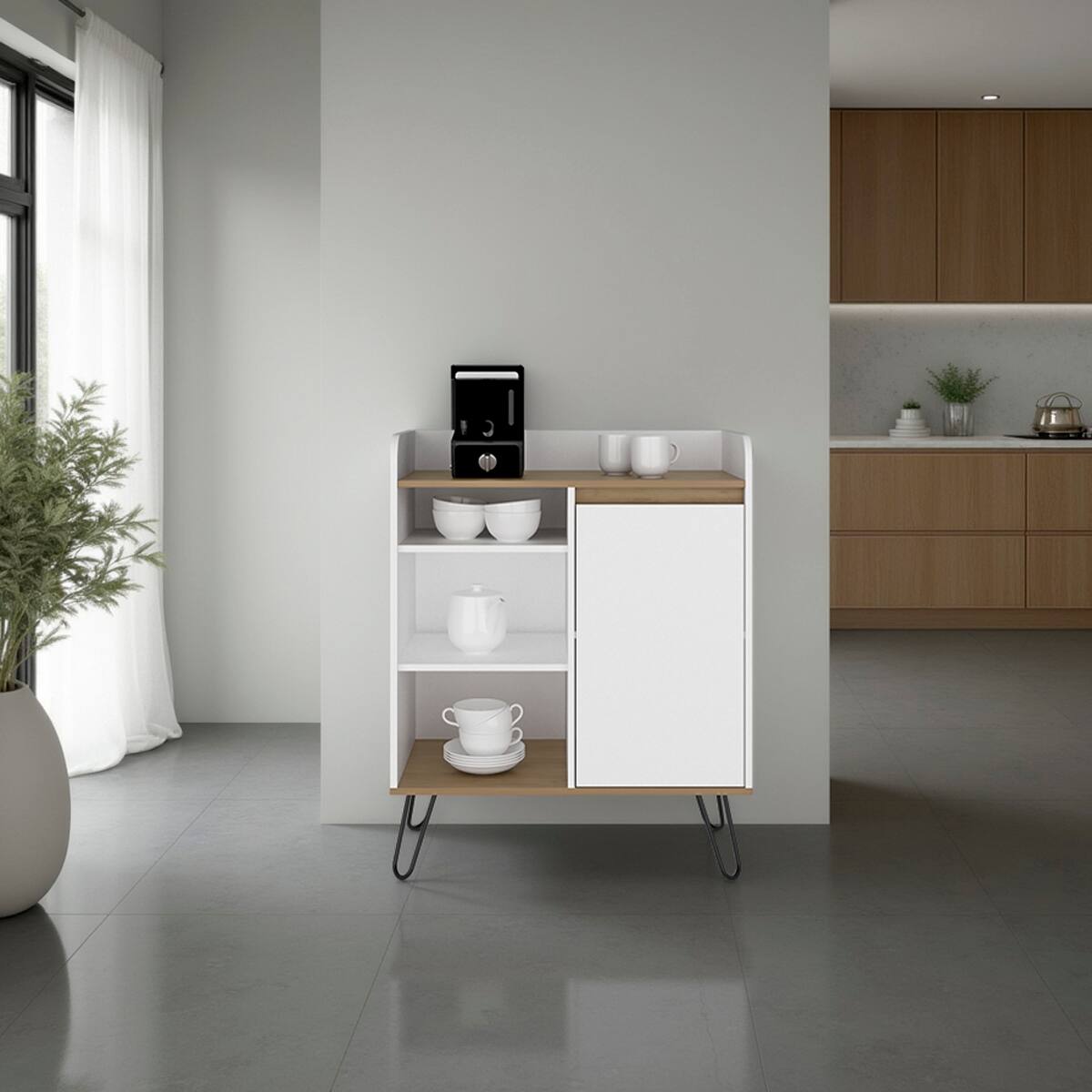 Back. Loheer - Loheer White and Natural Oak Coffee Station with Storage Doors 31.5 Inch Wide - White and Natural Oak.