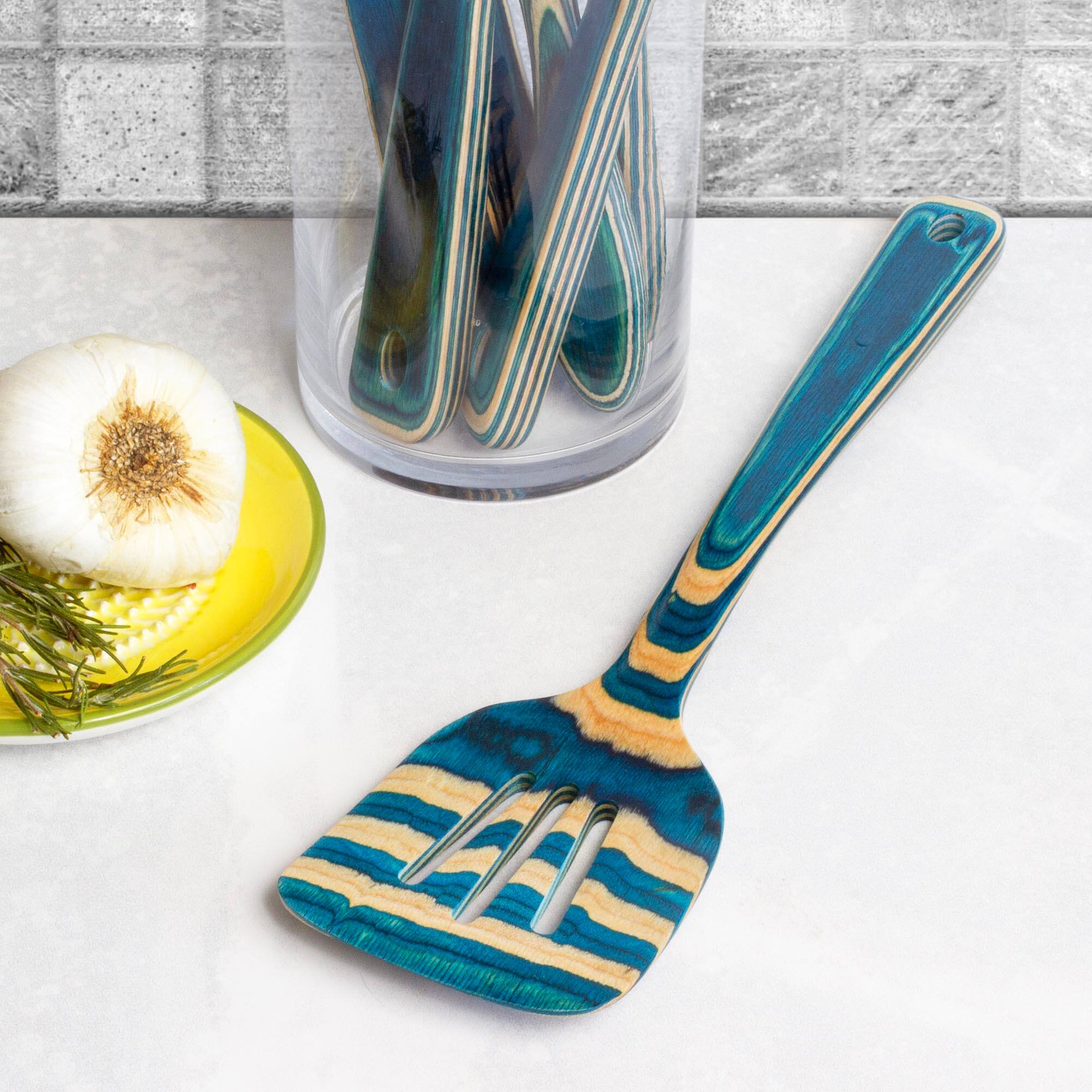 Alt View 1. Baltique - Mykonos Collection 7 Piece Cooking Utensil Set, Safe for Nonstick - Blue, Light Wood.