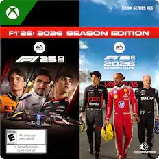 XBOX SERIES X|S
F1 25: 2026 SEASON EDITION
EA SPORTS
F1 25
2026 SEASON PACK
EVERYONE
Mild Language
Use of Alcohol
In-Game Purchases
Users Interact
ESRB
CODEMASTERS