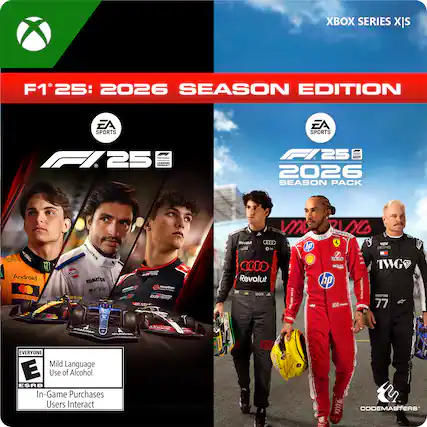 XBOX SERIES X|S
F1 25: 2026 SEASON EDITION
EA SPORTS
F1 25
2026 SEASON PACK
EVERYONE
Mild Language
Use of Alcohol
In-Game Purchases
Users Interact
ESRB
CODEMASTERS - E (Everyone)