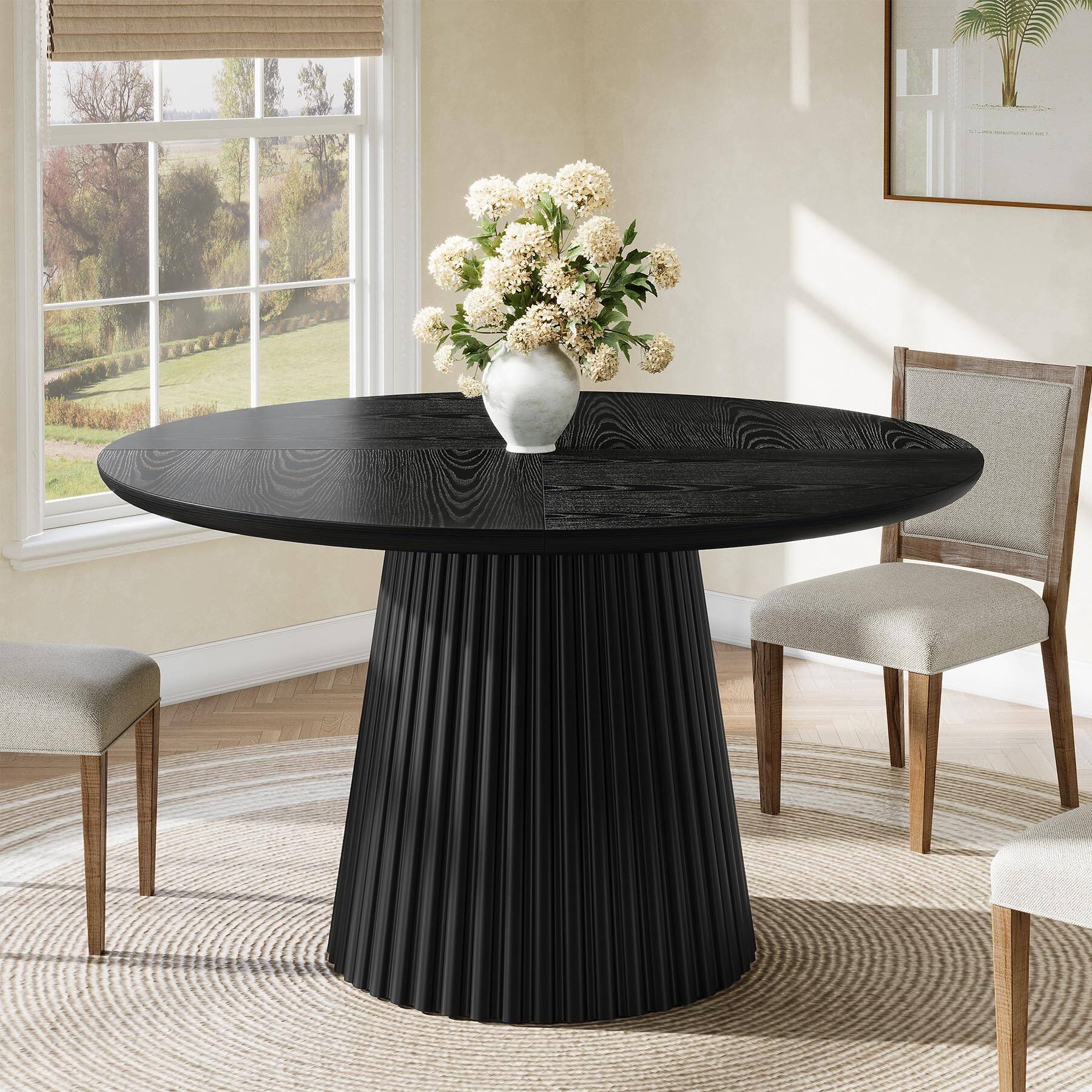Alt View 2. Tribesigns - 47" Round Dining Table for 4-6 People, Wood Farmhouse Kitchen Table with Fluted Pedestal Base for Dining Room, Kitchen, - Black.