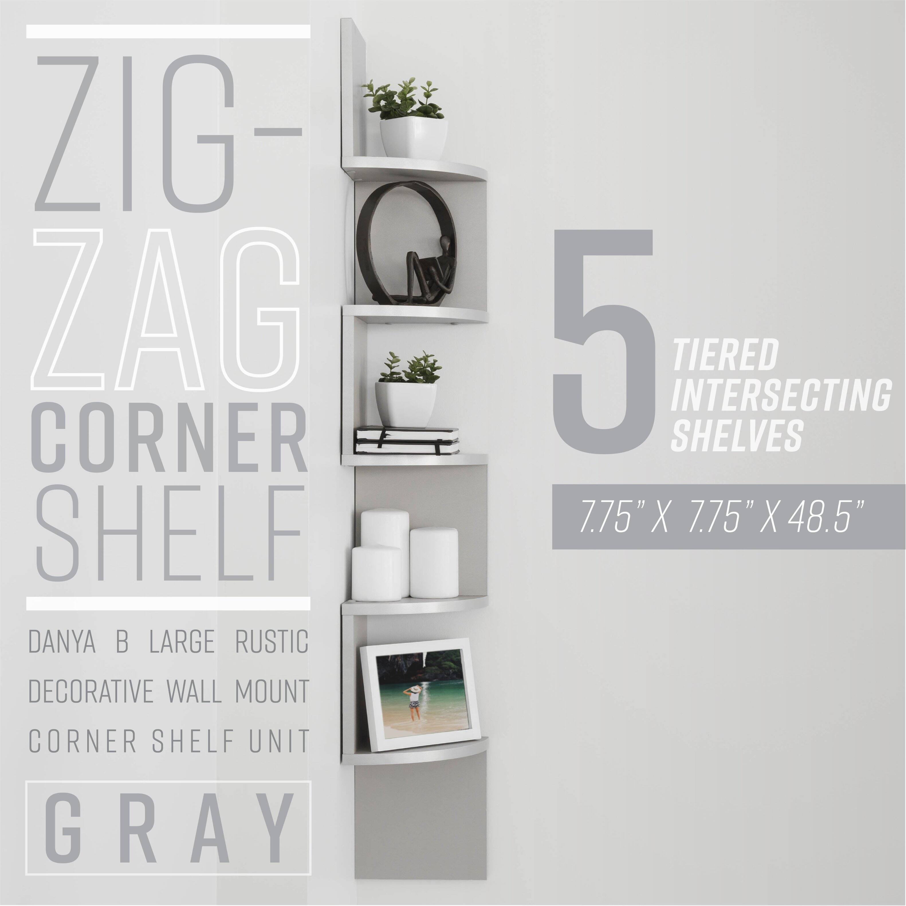ZIG-ZAG CORNER SHELF  
DANYA B LARGE RUSTIC  
5 TIERED INTERSECTING SHELVES  
7.75" X 7.75" X 48.5"  
DECORATIVE WALL MOUNT CORNER SHELF UNIT  
GRAY