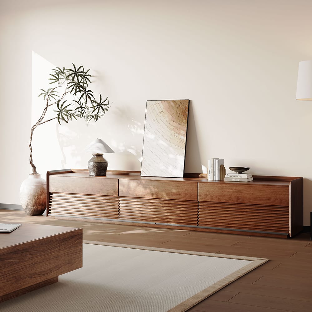 POVISON - 95"Fully-Assembled Mid-Century TV Stand, Modern Cabinet with Adjustable Light, Perfect for 85-inch TVs - Walnut