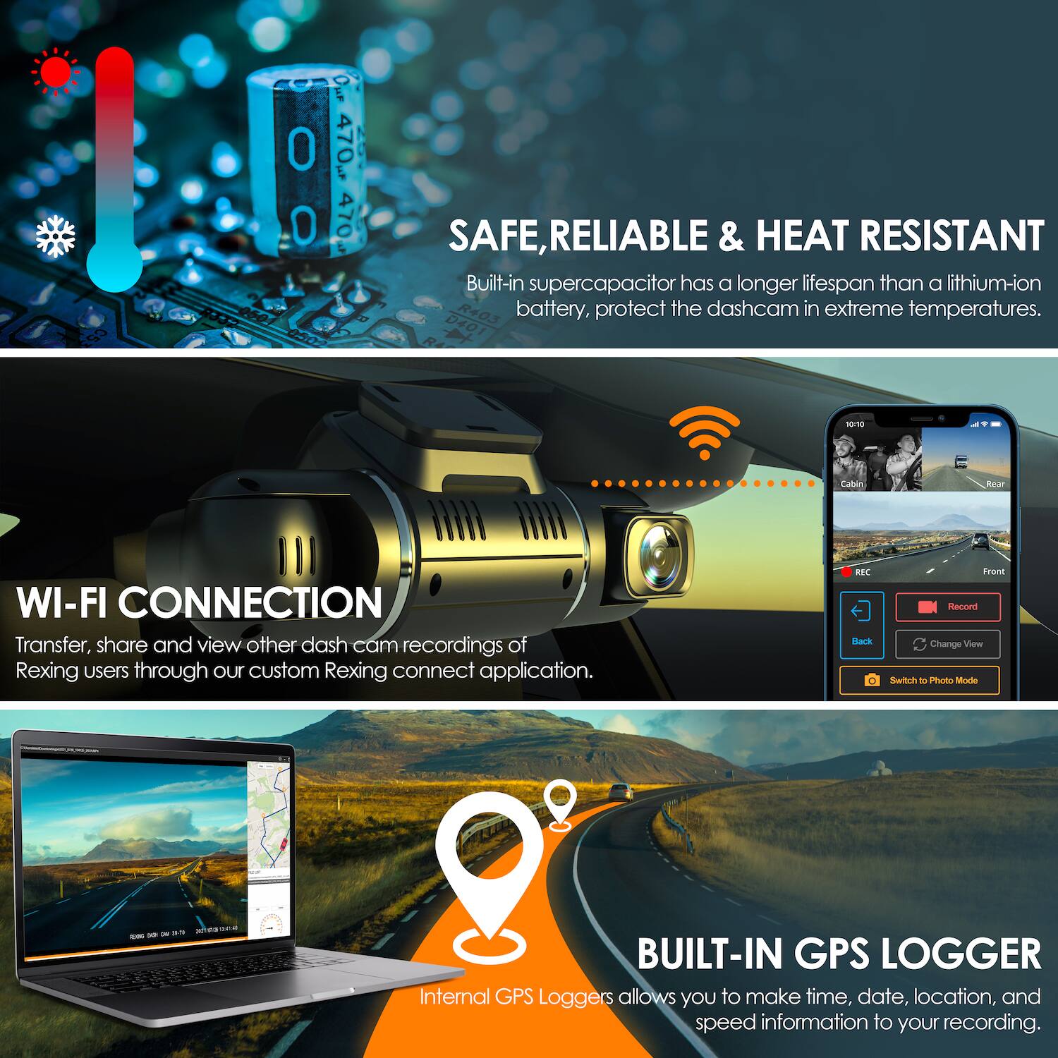 0 O 470m 470 SAFE, RELIABLE & HEAT RESISTANT Built-in supercapacitor has a longer lifespan than a lithium-ion battery, protect the dashcam in extreme temperatures. 0401 1019 Canin ear WI-FI CONNECTION Transfer, share and view other dash cam recordings of Rexing users through our custom Rexing connect application. R nark frans Record Change View Switch to urts Mindle I aea  - -- - - BUILT-IN GPS LOGGER Internal GPS Loggers allows you to make time, date, location, and speed information to your recording.