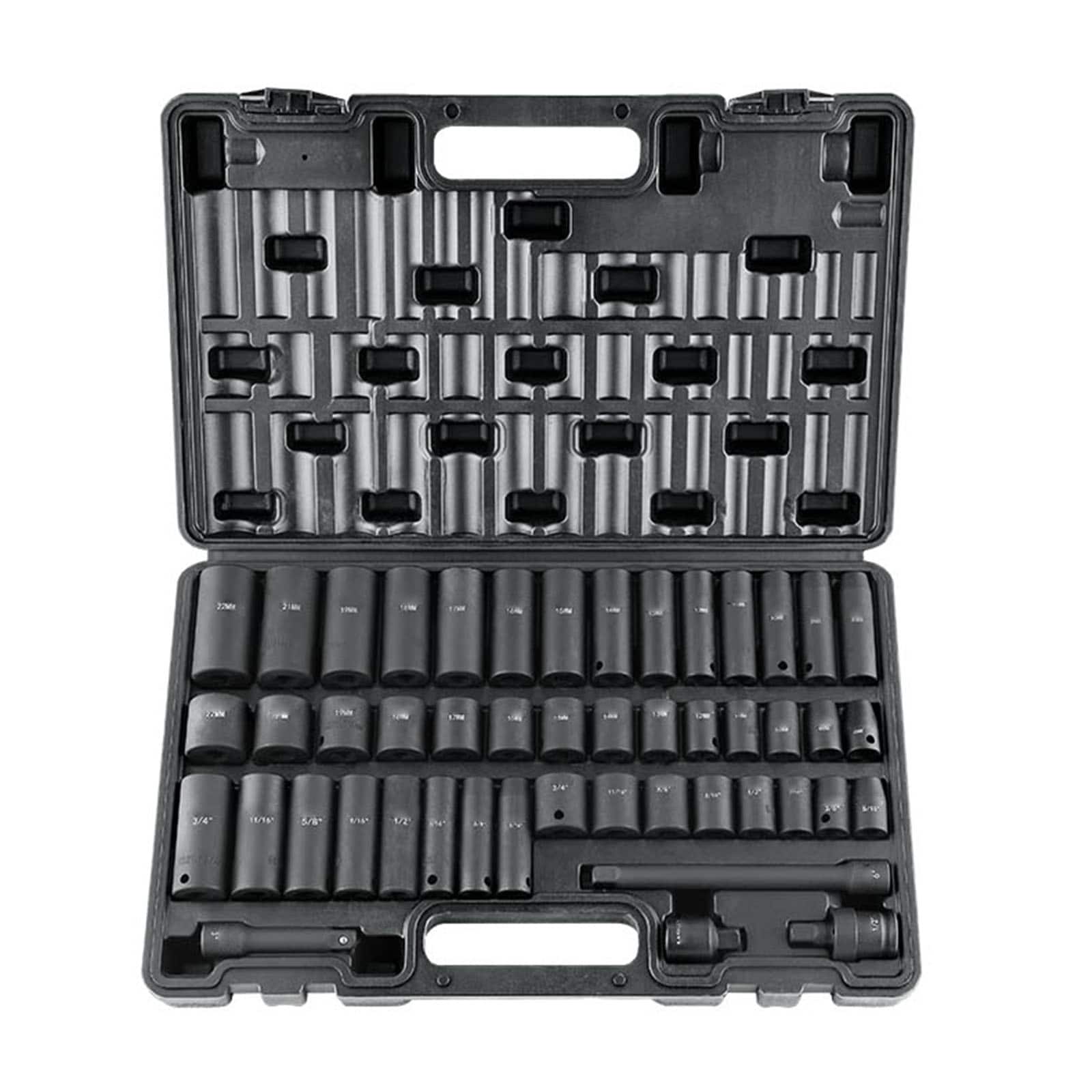 LOVMOR - 3 8 Drive Impact Set 48 Piece SAE Metric 6 Point Drive Extension Bar Universal Joint Adapter Storage Case