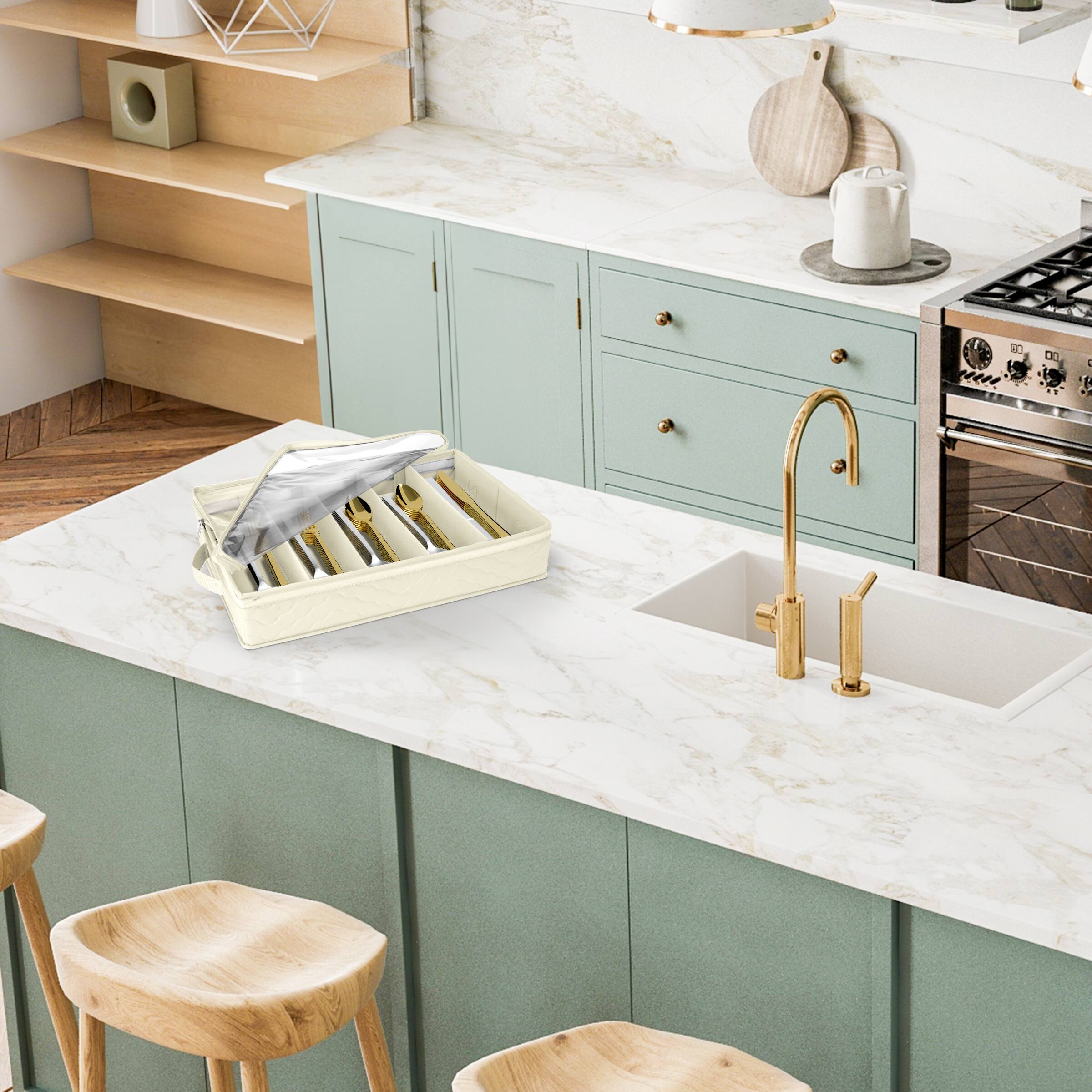 Angle. Sorbus - Sorbus Fabric Chest Flatware & Silverware Organizer Box with Zipper Clear Lid & Adjustable Divider (Beige) - Beige.