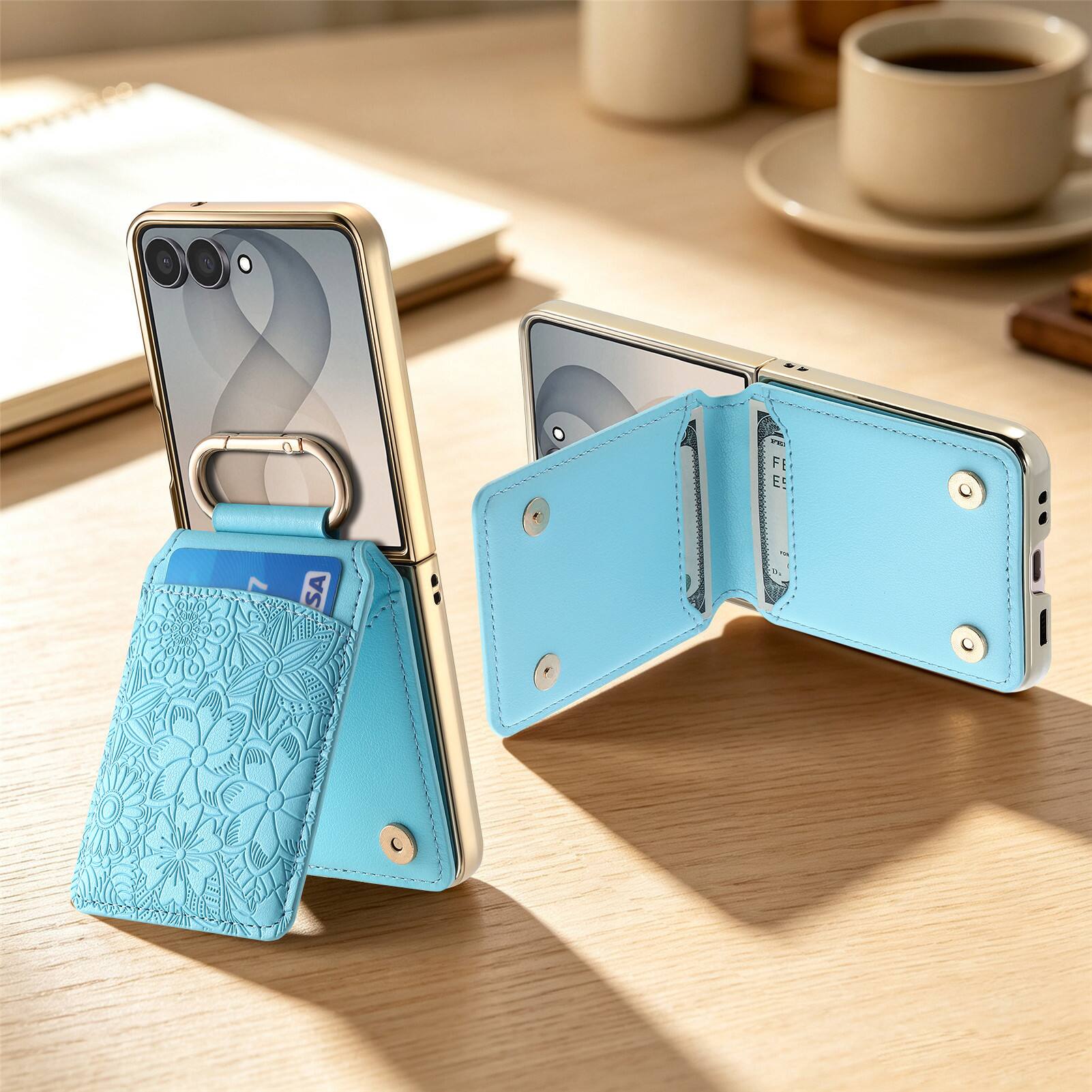 Alt View 3. Dteck - Shockproof Leather Wallet Phone Case for Samsung Galaxy Z Flip8 with Ring Clasp, Rigid Plastic Floral Flip Stand Cover - Blue.
