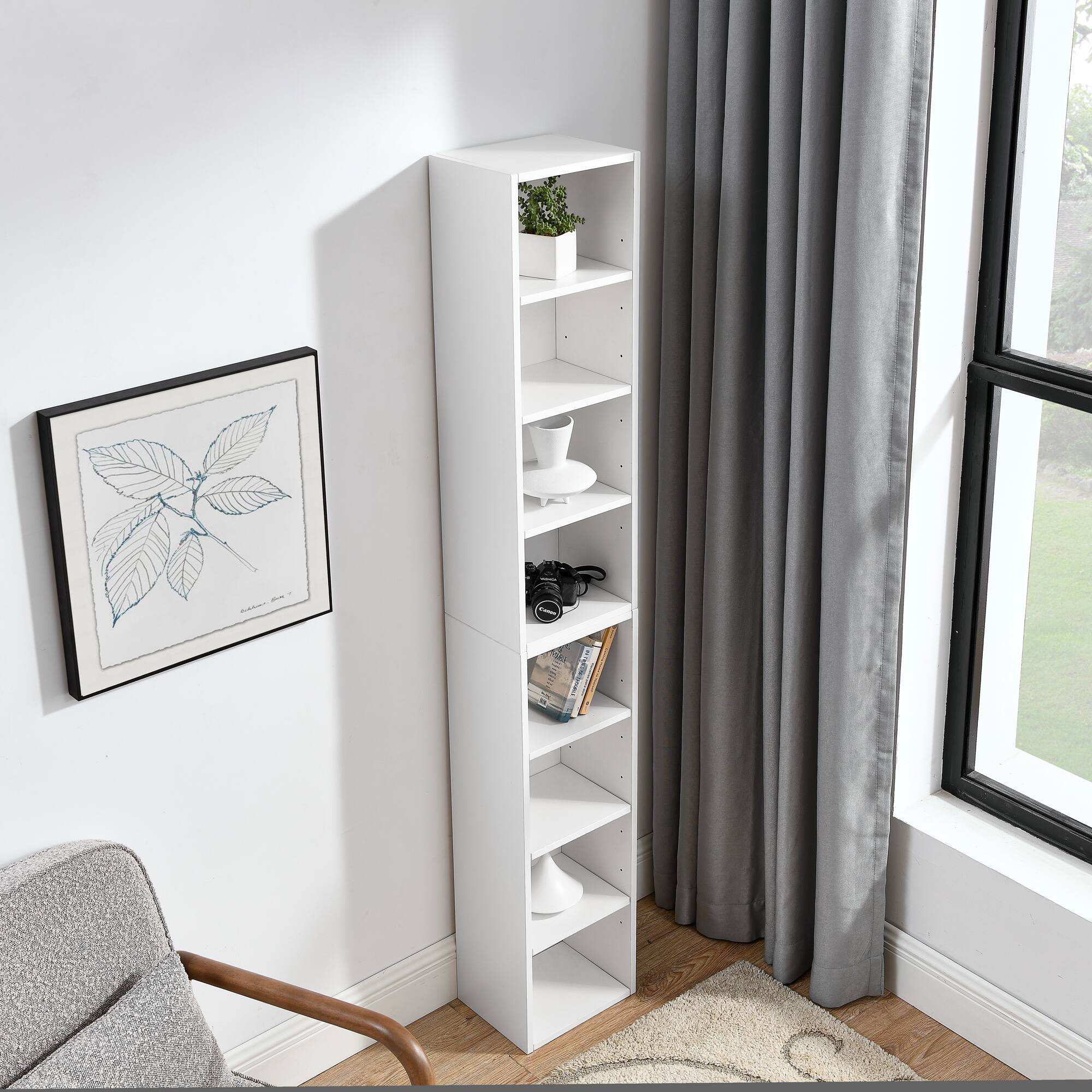 Back. Tiramisubest - 8-Tier Tall Narrow Bookcase Display Bookshelf with Adjustable Shelves, Multi-Functional Double-Decker Bookcase, White - White.